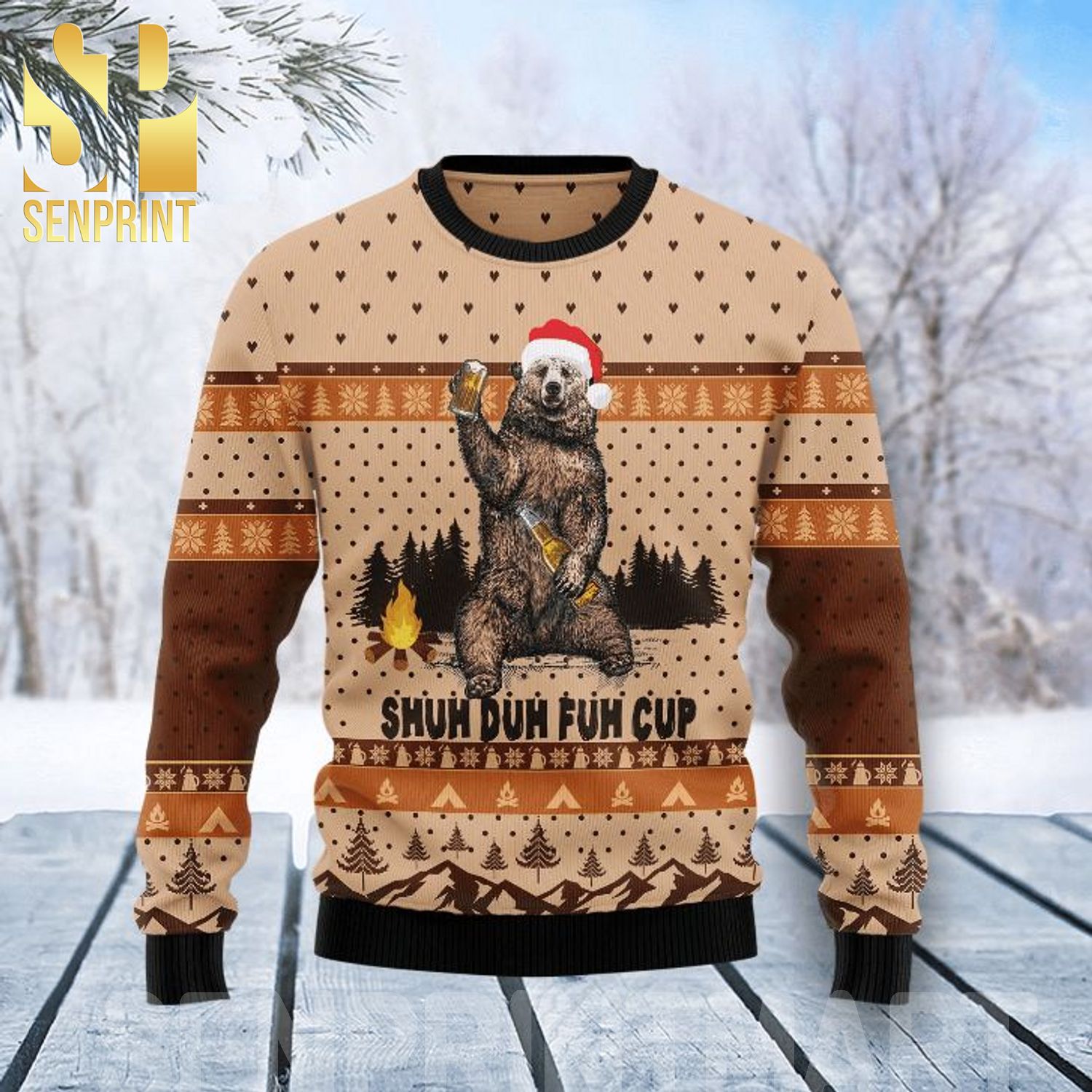 Bear Camping Christmas Shuh Duh Fuh Cup Ugly Christmas Wool Knitted Sweater