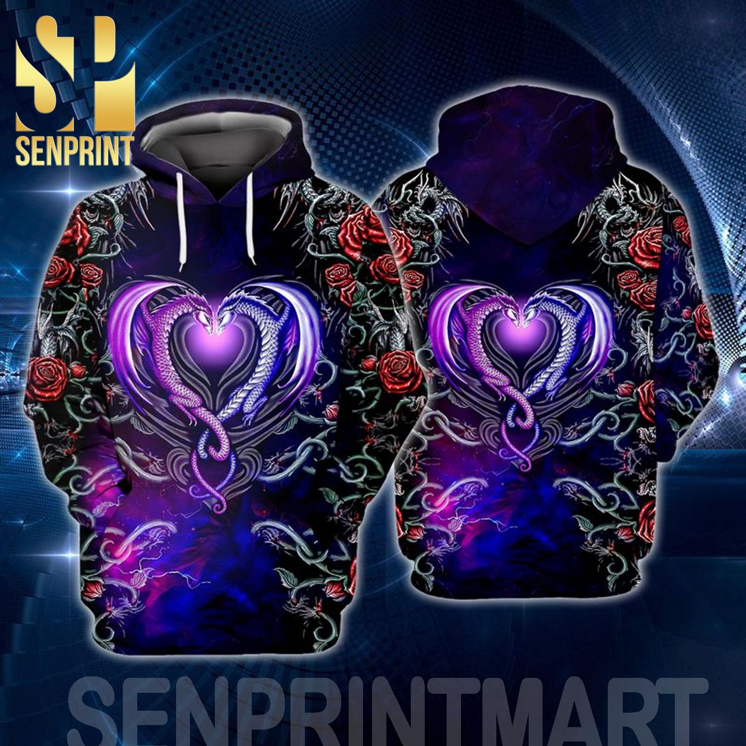 Dragon Heart Love Rose Couple Hoodie Neon Light Matching Full Printing Shirt