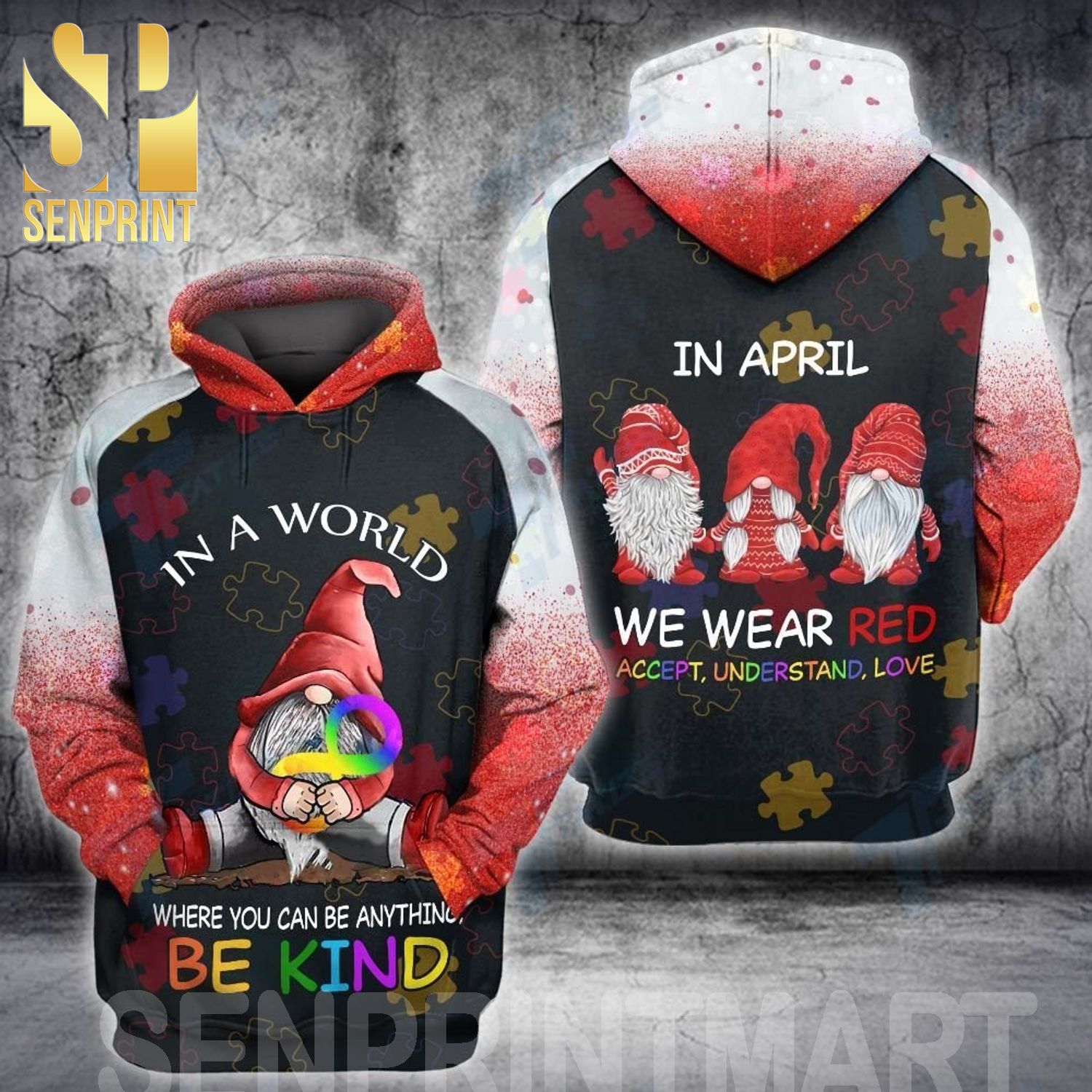 Gnome In April We Wear Red Autism Autism Awareness Day Full Printing Shirt