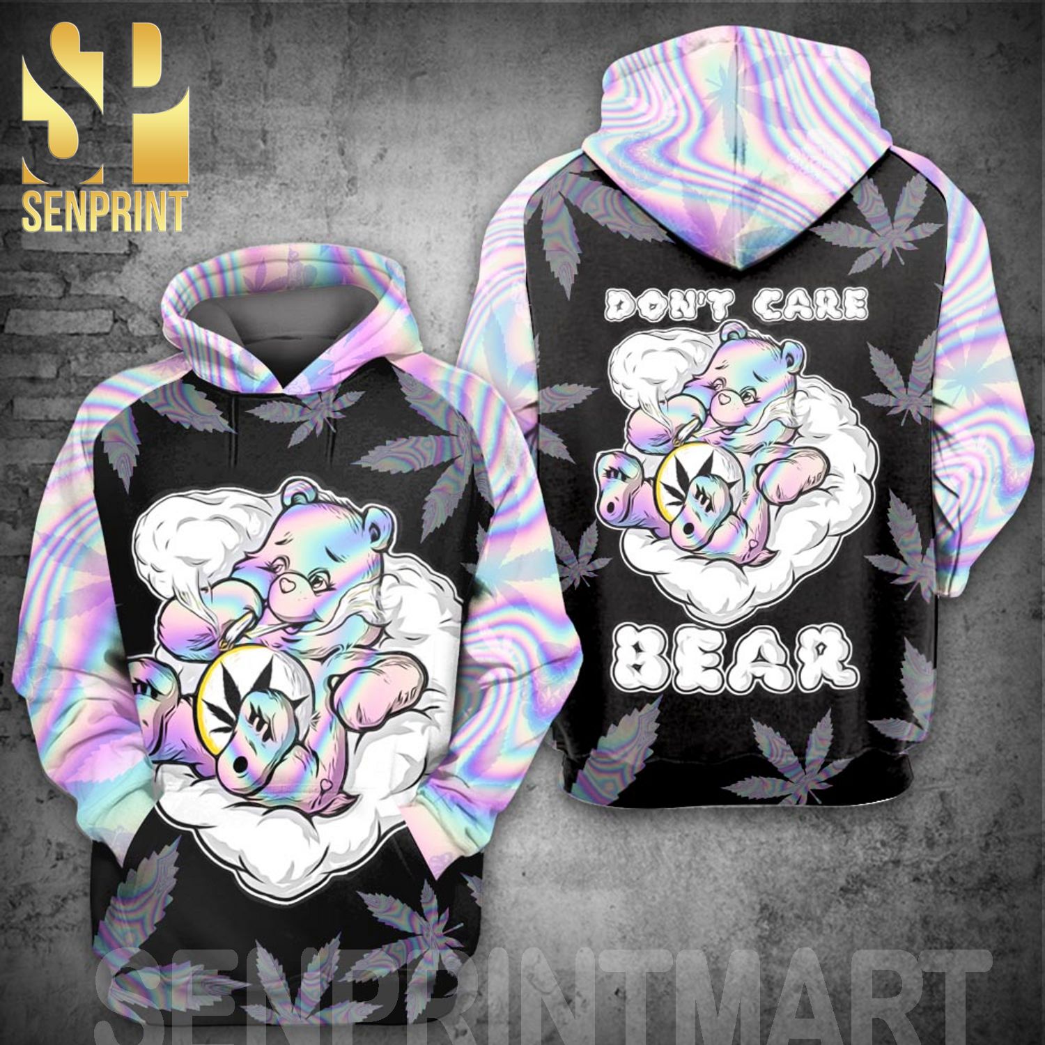 Hologram Don’t Care Bear Canabis Marijuana 420 Weed Full Printing Shirt