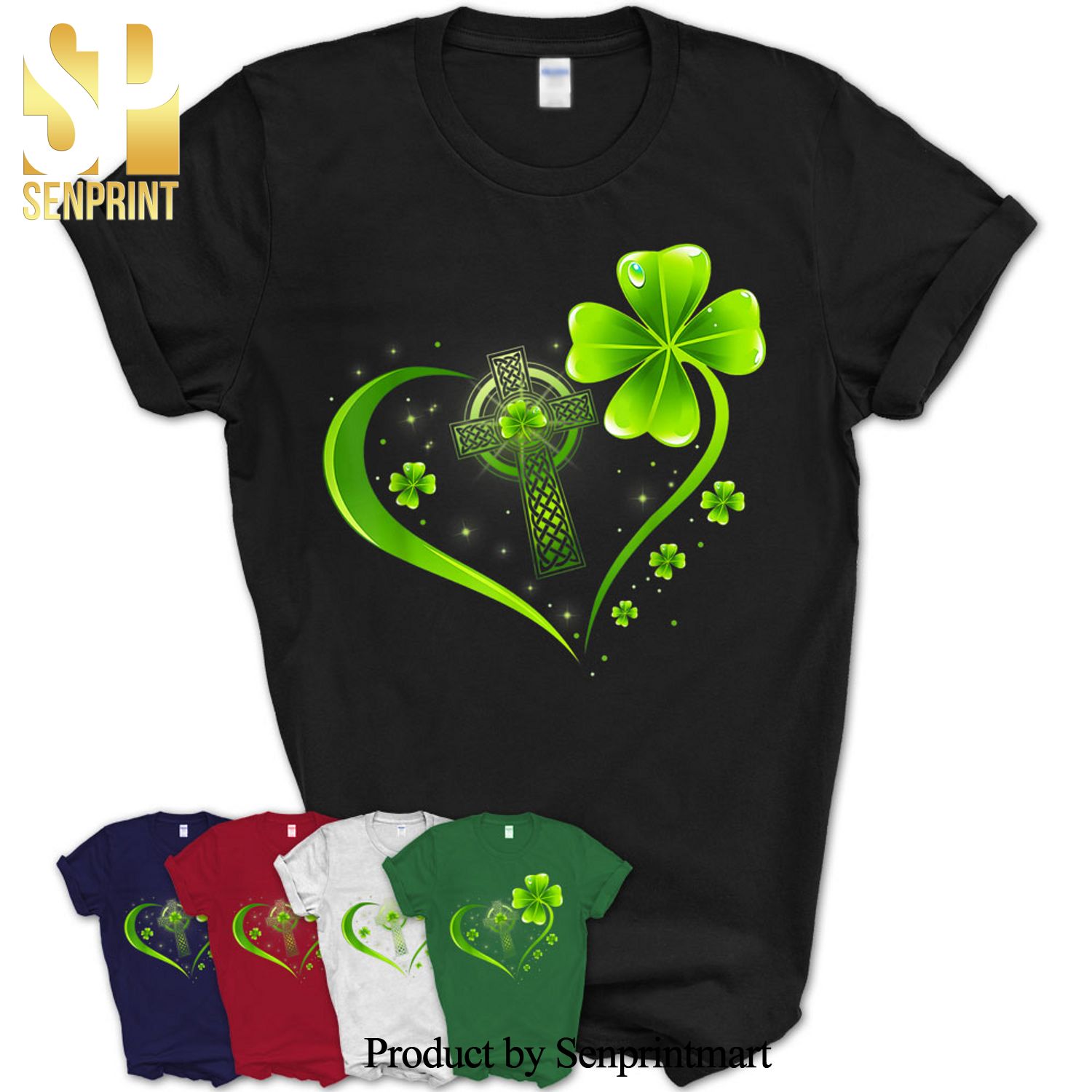 Green Celtic Cross Heart Shamrock Saint Patrick’s Day Gifts Shirt