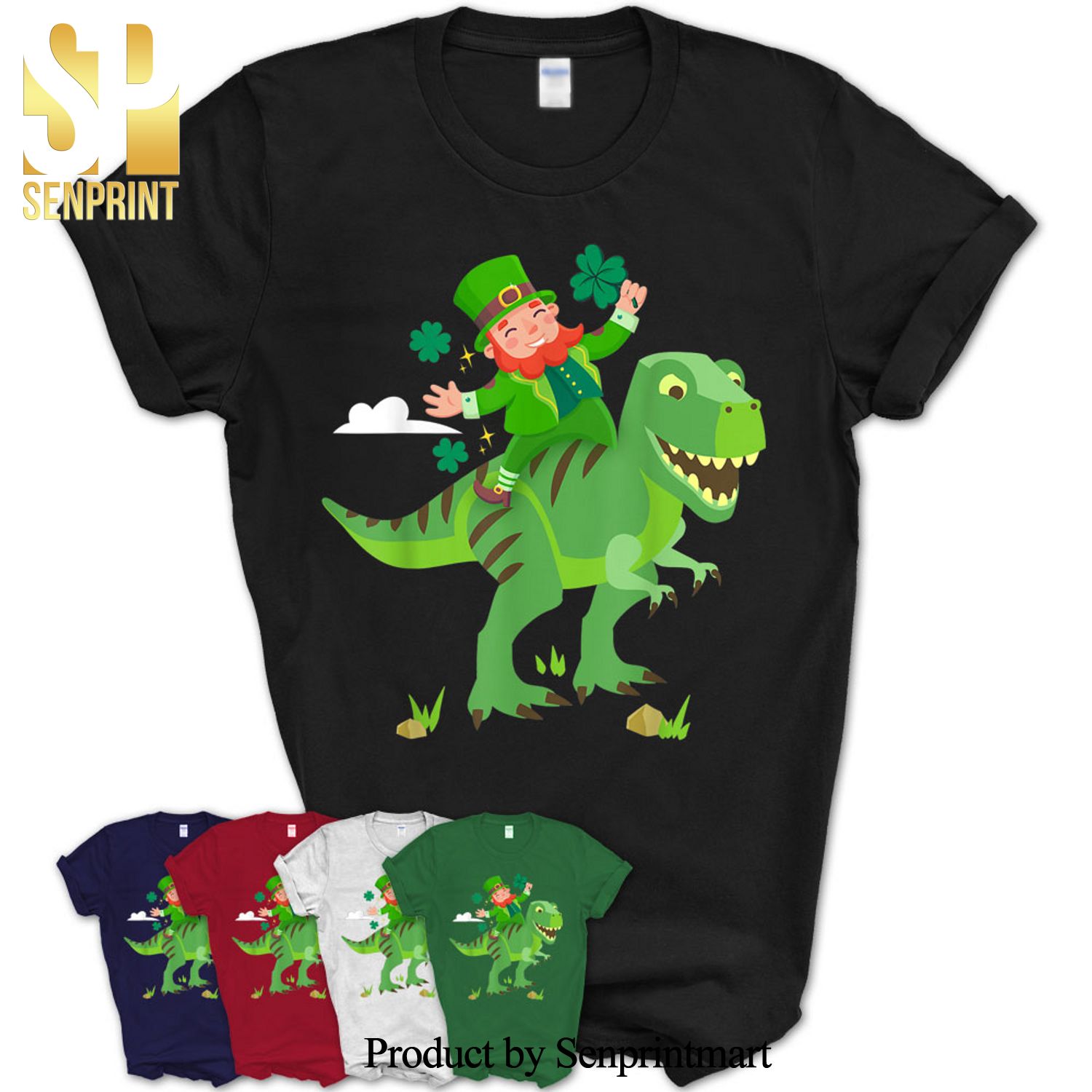 Leprechaun Holding Shamrock Clover Riding T-Rex Dinosaur Shirt