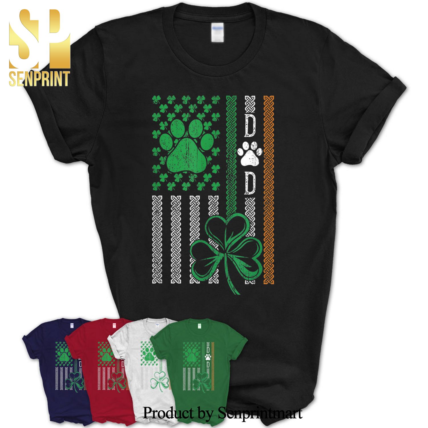 Mens Dog Paw American Flag Ireland Color Dog Dad Saint Patrick’s Day Shirt