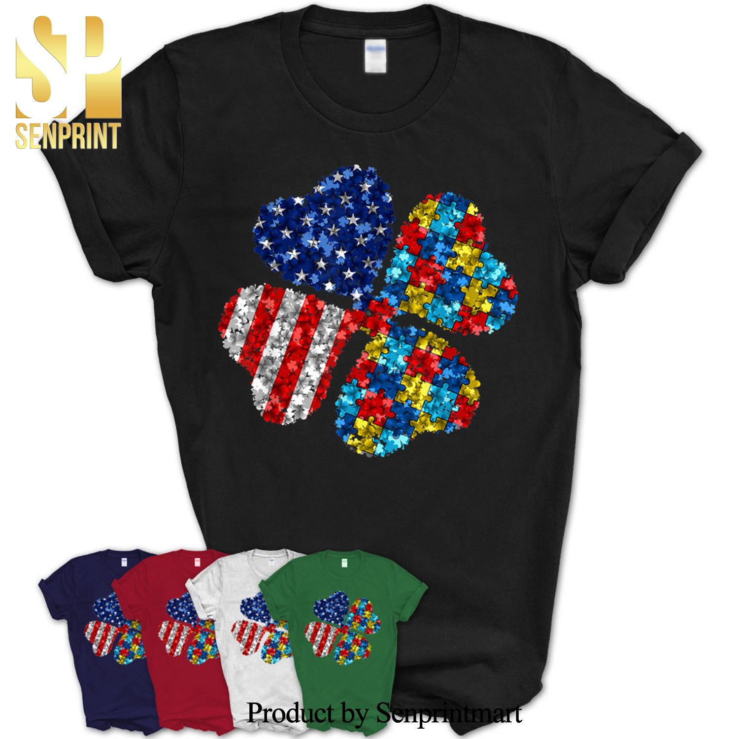 Shamrock American Flag Autism Puzzle Pieces Saint Patrick’s Day Shirt