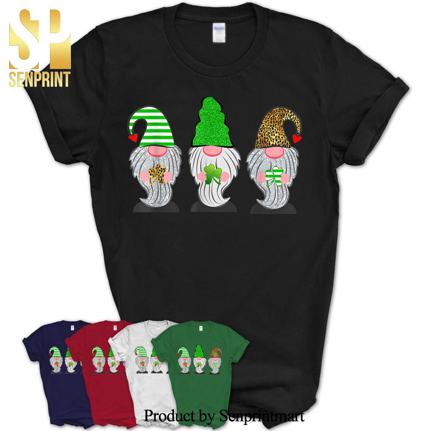 Three Gnomes St Patricks Leopard Plaid Holding Clover Gift Shirt