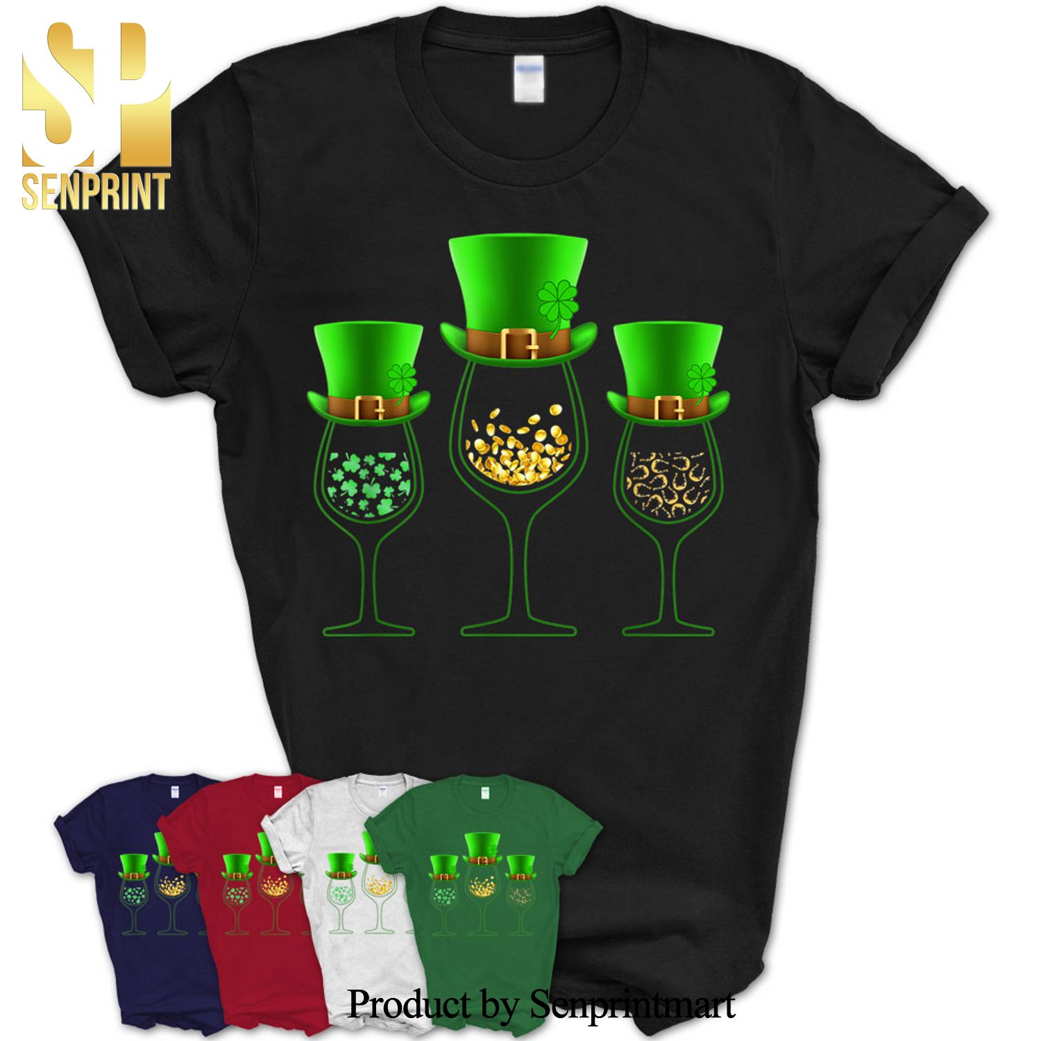 Three Wine Glass Saint Patrick’s Day Shamrock Gift Womens Mens Shirt