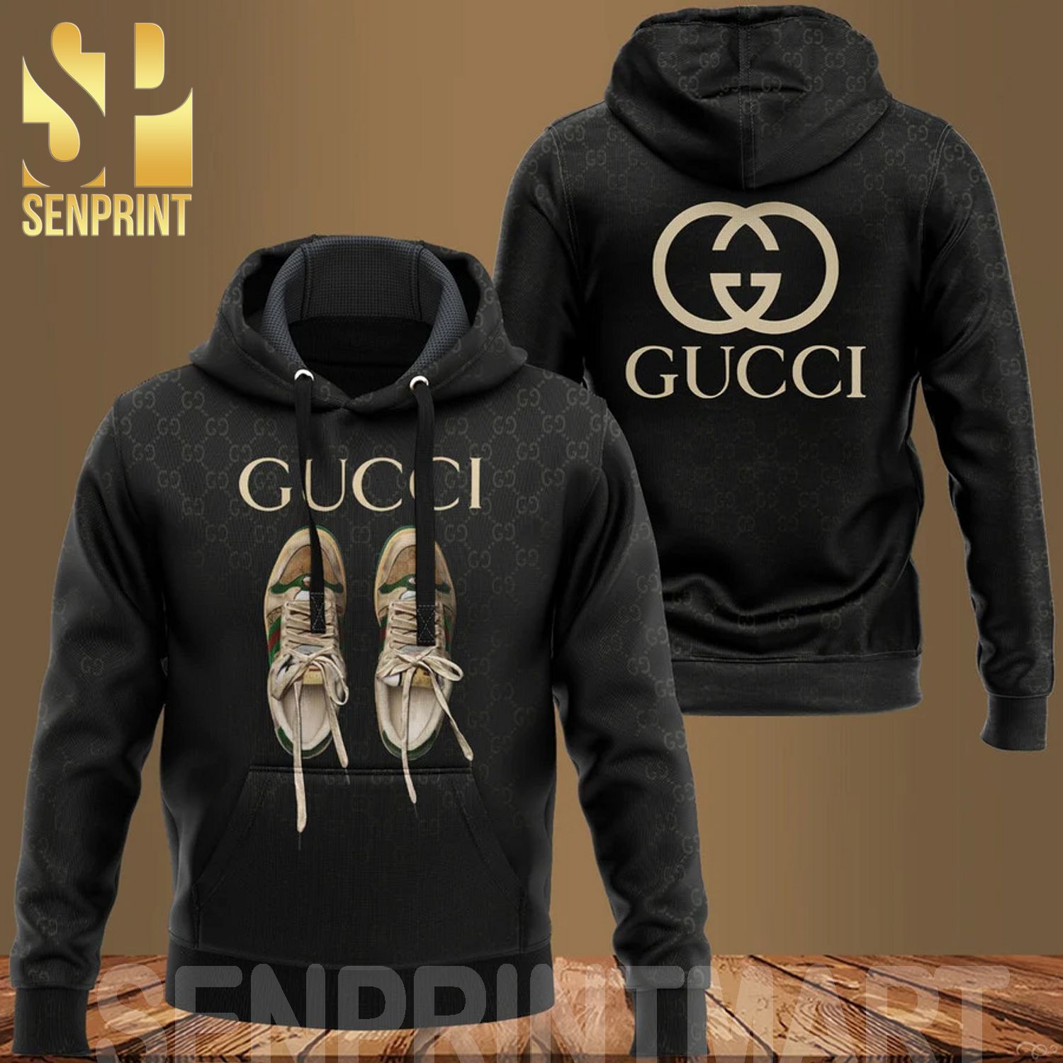 Limited Version Gucci Black Classic Logo Pattern Full Printed Shirt