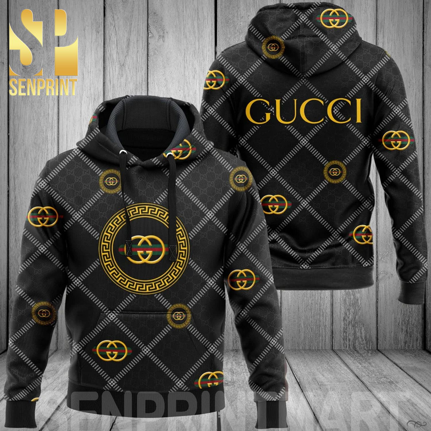 Limited Version Gucci Black Classic Symbol Pattern Full Printed Shirt