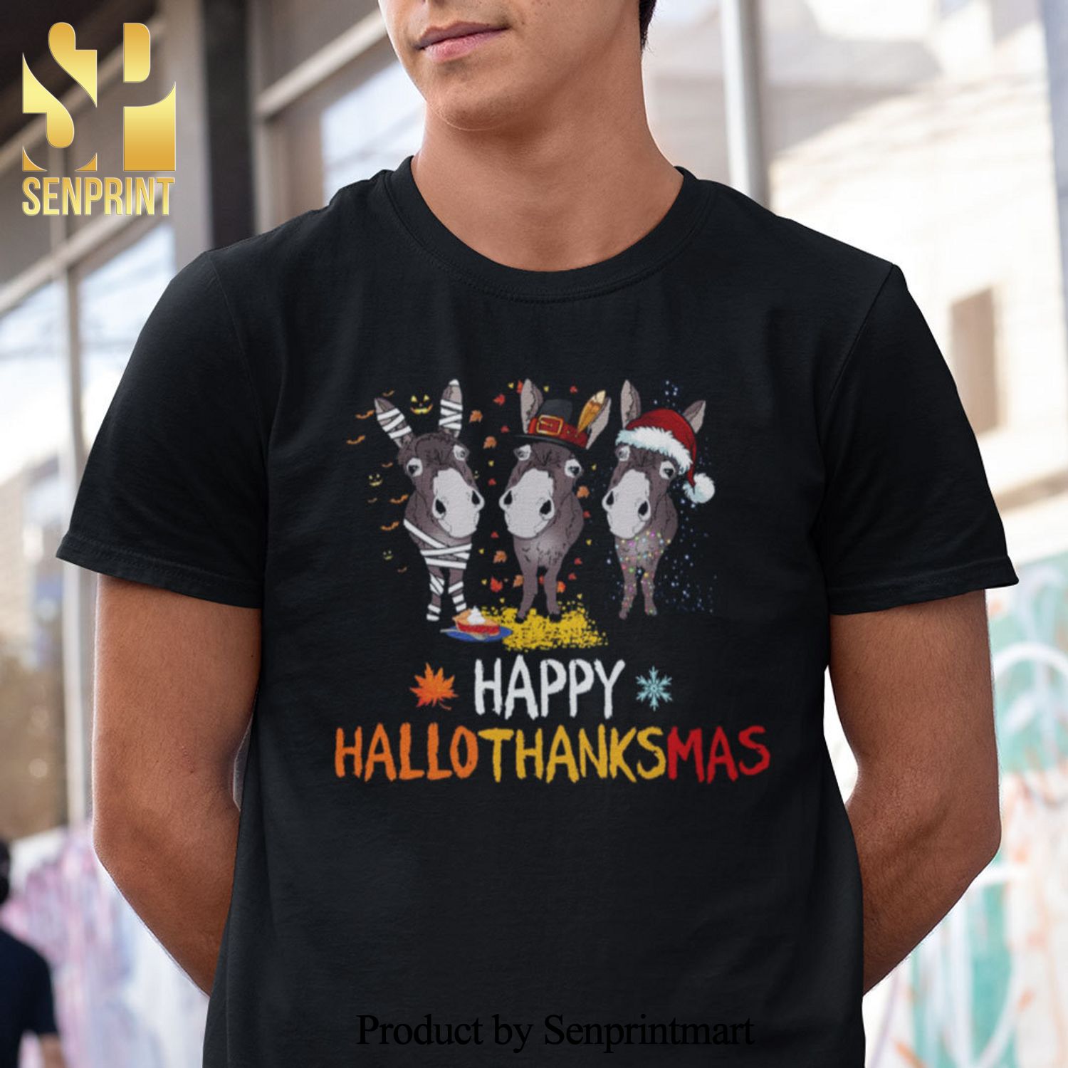 Happy Hallothanksmas Donkey Christmas Gifts Shirt Happy Halloween Thanksgiving Christmas