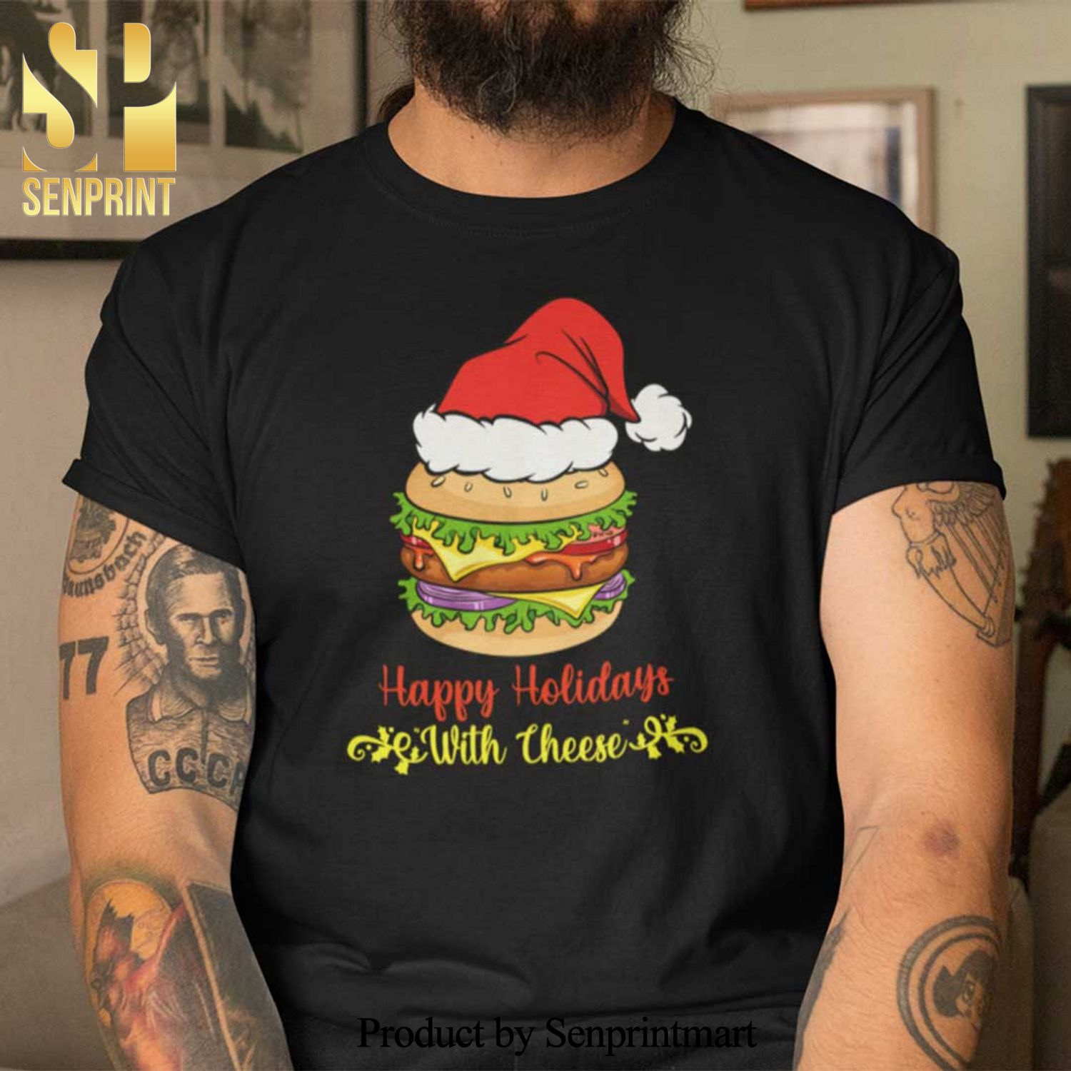 Happy Holidays With Cheese Gifts Shirt Santa Hat Cheeseburger