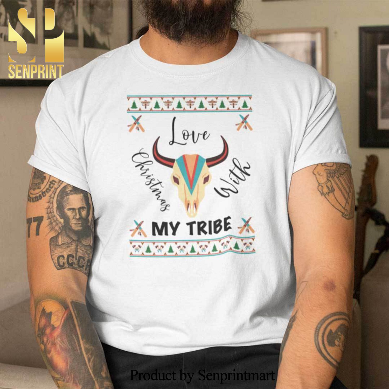 Love Christmas With My Tribe Christmas Gifts Shirt Buffalo Skull