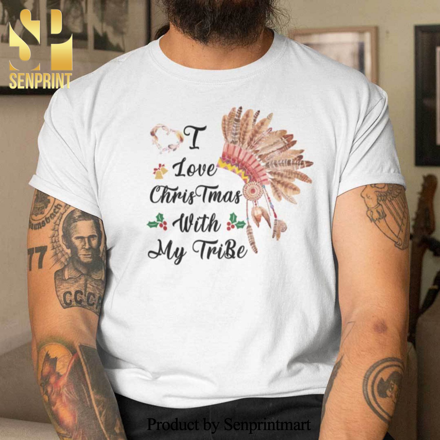 Love Christmas With My Tribe Christmas Gifts Shirt Native American Indian Headdress