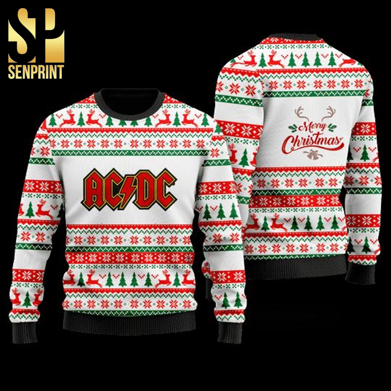 AC DC Merry Xmas Faux Knitted Ugly Christmas Sweater