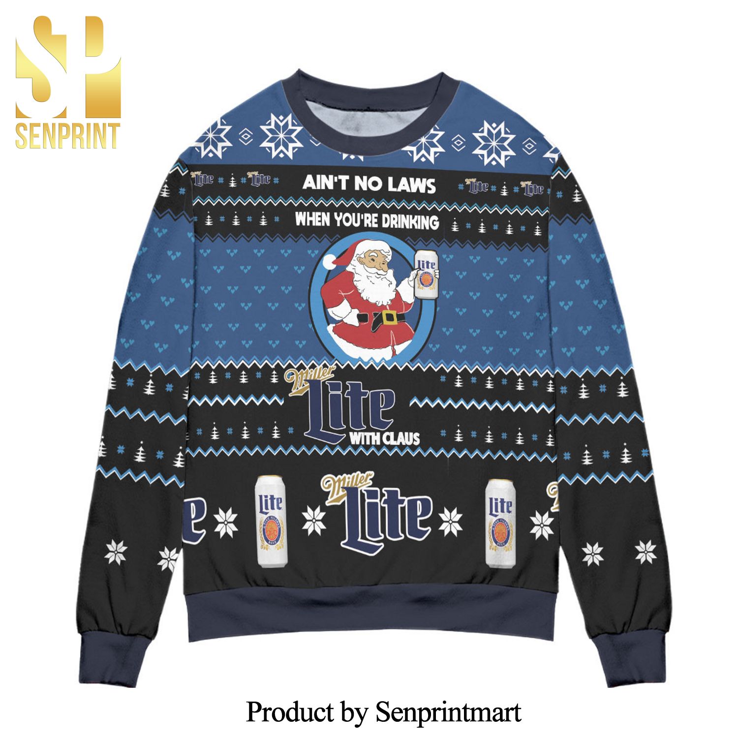 Ain’t No Laws When You’re Drinking Miller Lite With Claus Knitted Ugly Christmas Sweater – Black Blue