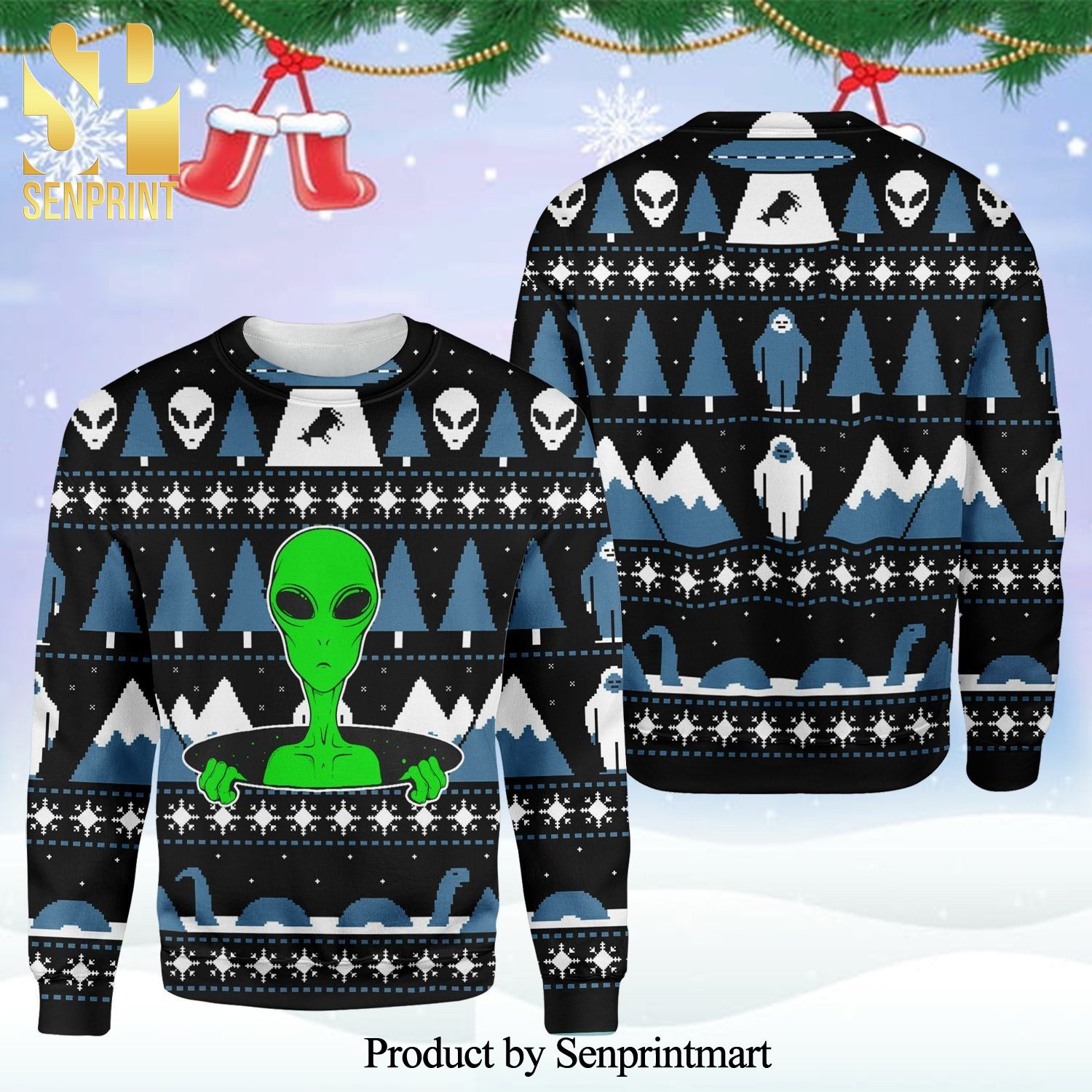 Alien Pine Tree And Snow Mountain Knitted Ugly Christmas Sweater