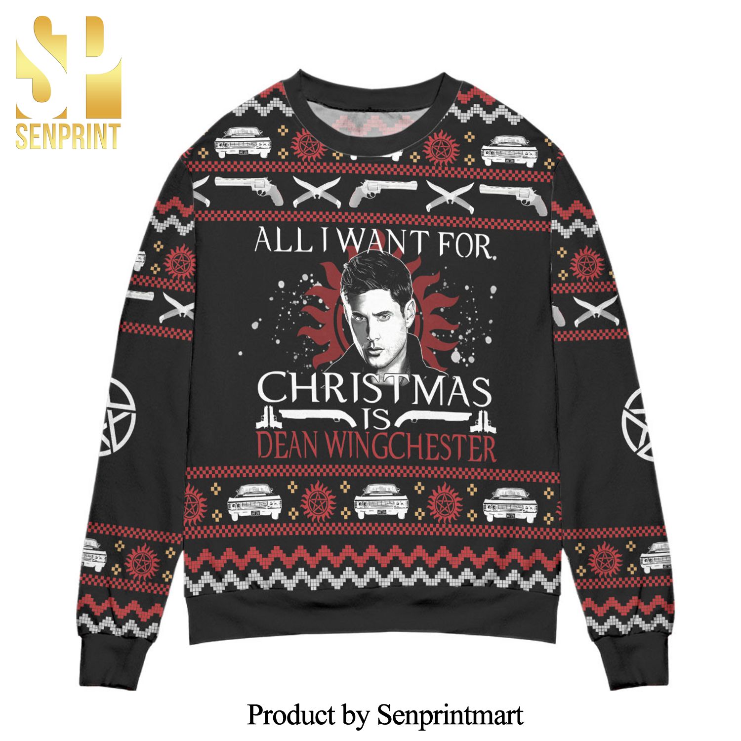 All I Want For Christmas Is Dean Winchester Supernatural Knitted Ugly Christmas Sweater – Black