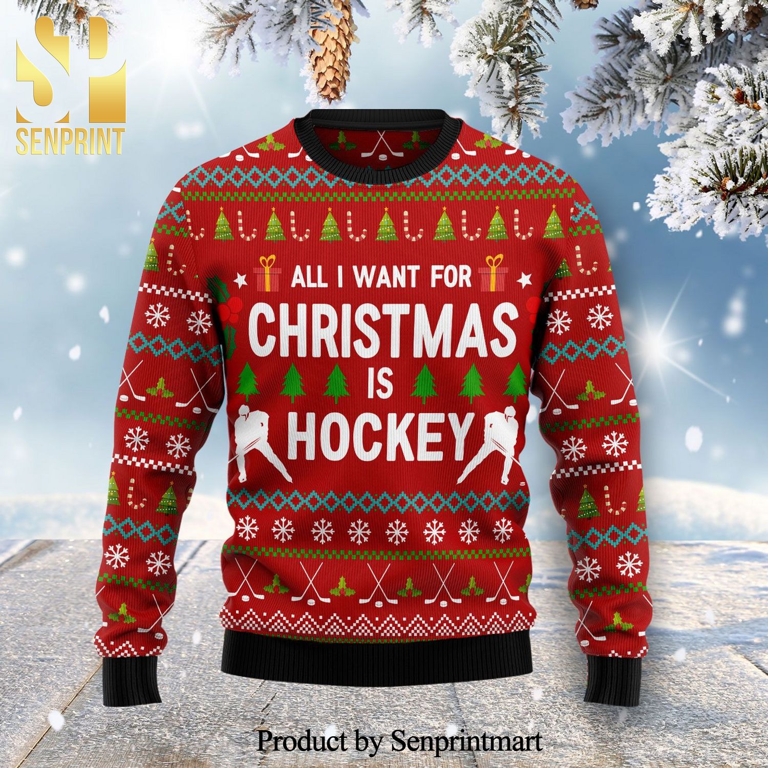 All I Want For Christmas Is Hockey Knitted Ugly Christmas Sweater