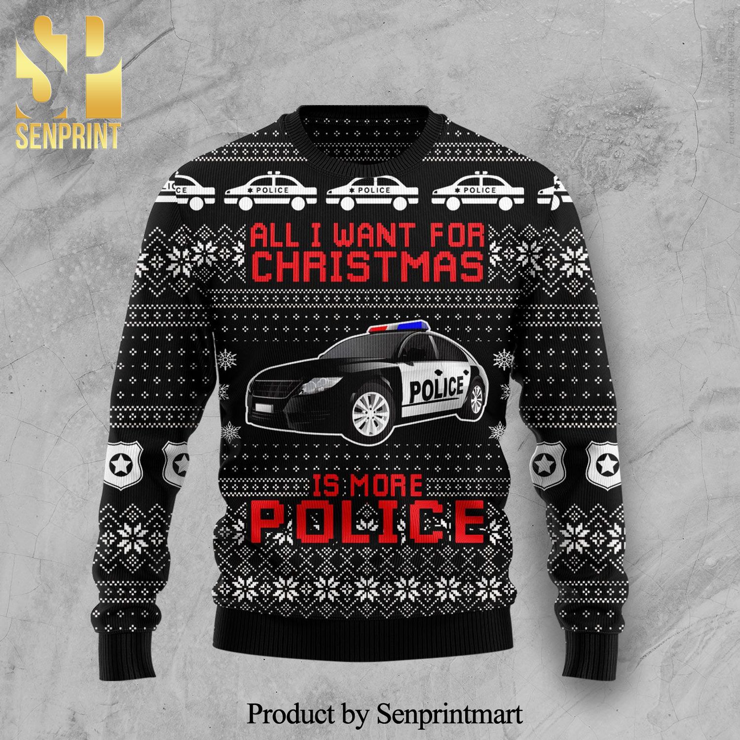 All I Want For Christmas Is More Police Car Knitted Ugly Christmas Sweater