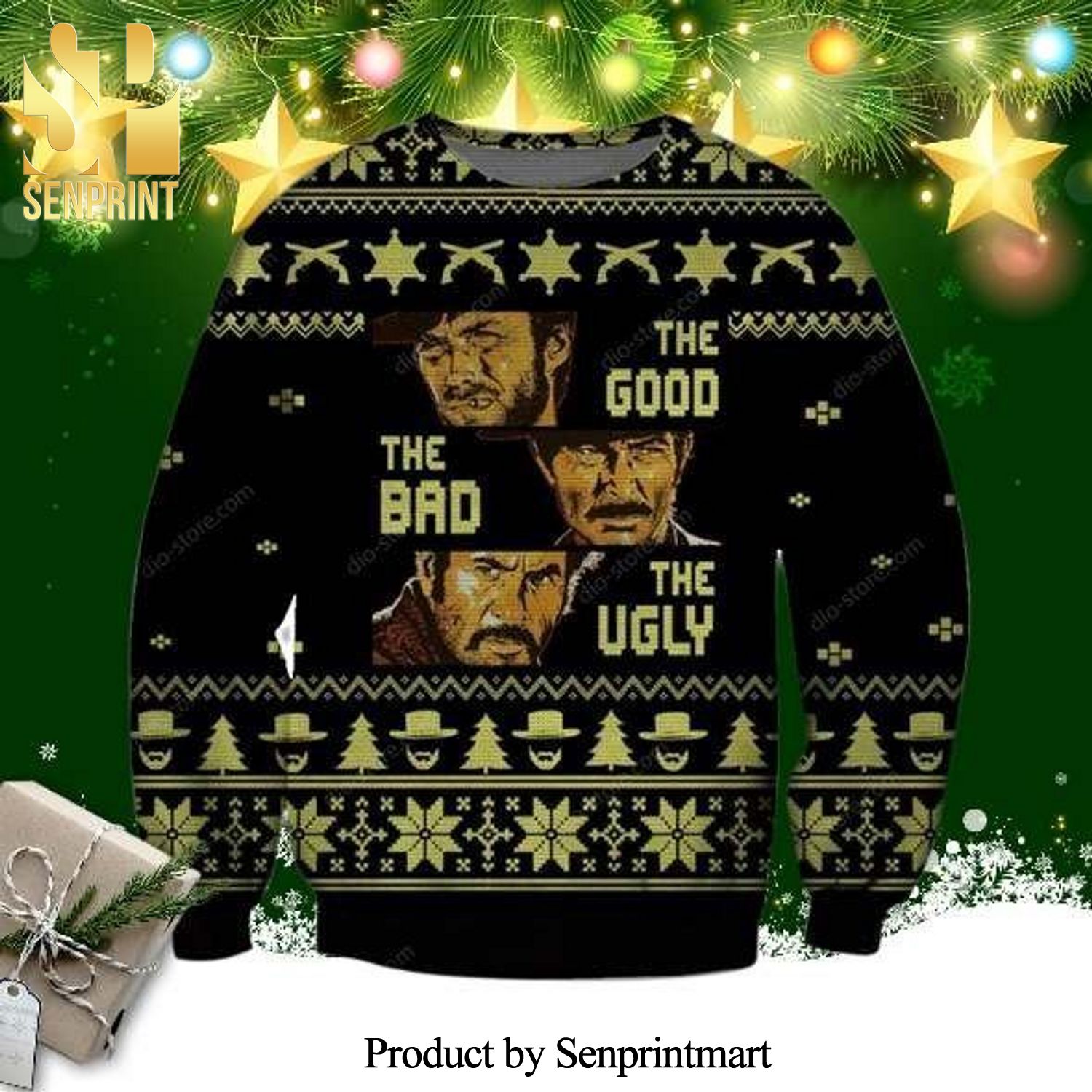 Angel Eyes Tuco The Good The Bad And The Ugly Poster Knitted Ugly Christmas Sweater