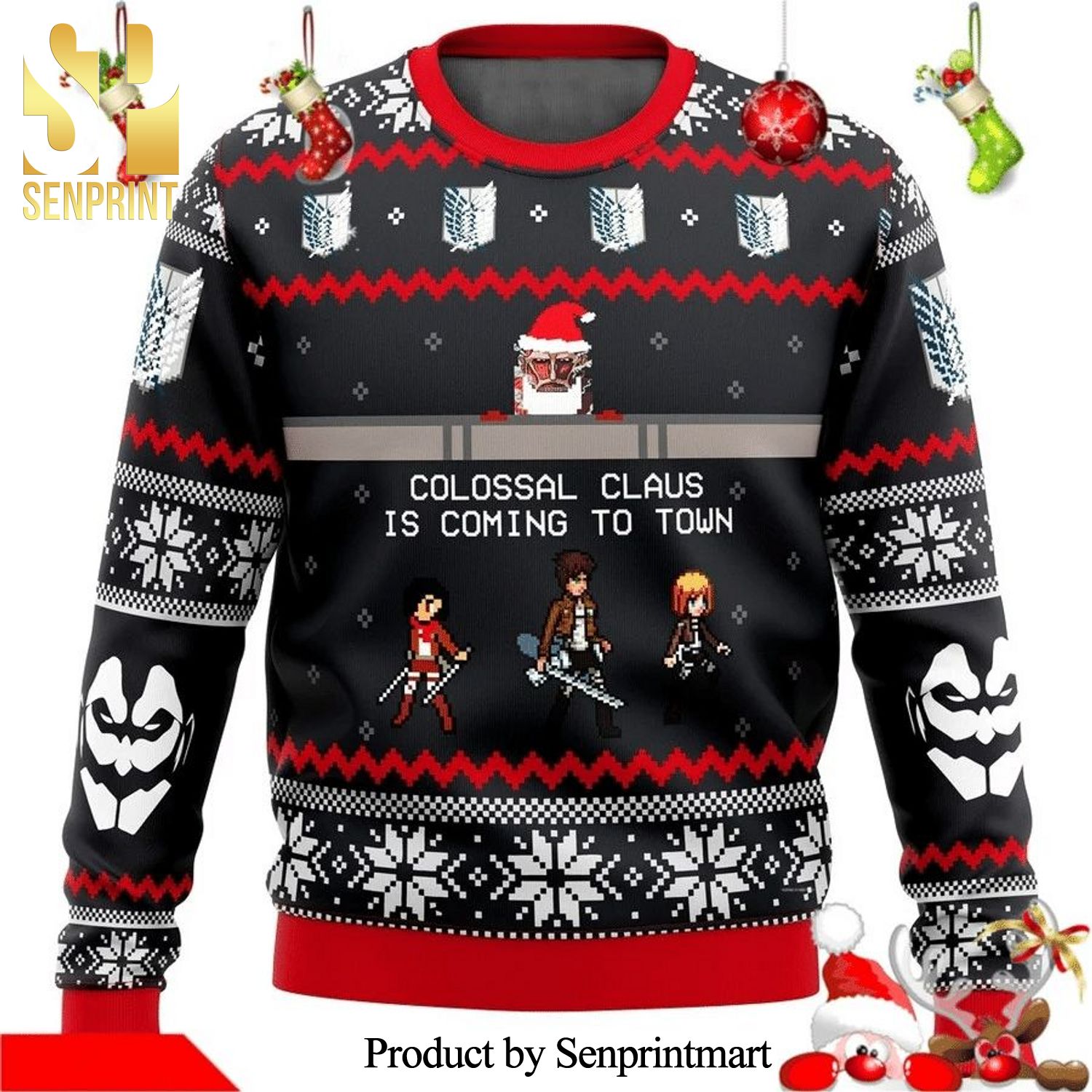 Armin Arlert Mikasa Attack On Titan Colossal Claus Is Coming To Town Knitted Ugly Christmas Sweater