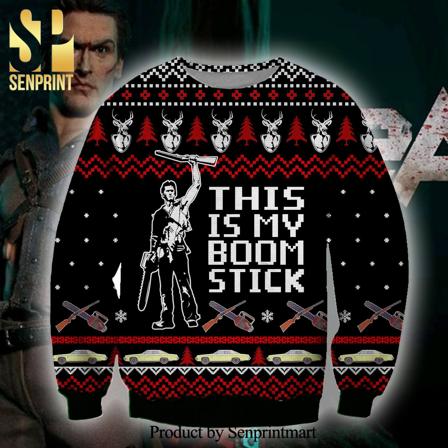 Ash Williams Army of Darkness This Is My Boom Stick Knitted Ugly Christmas Sweater