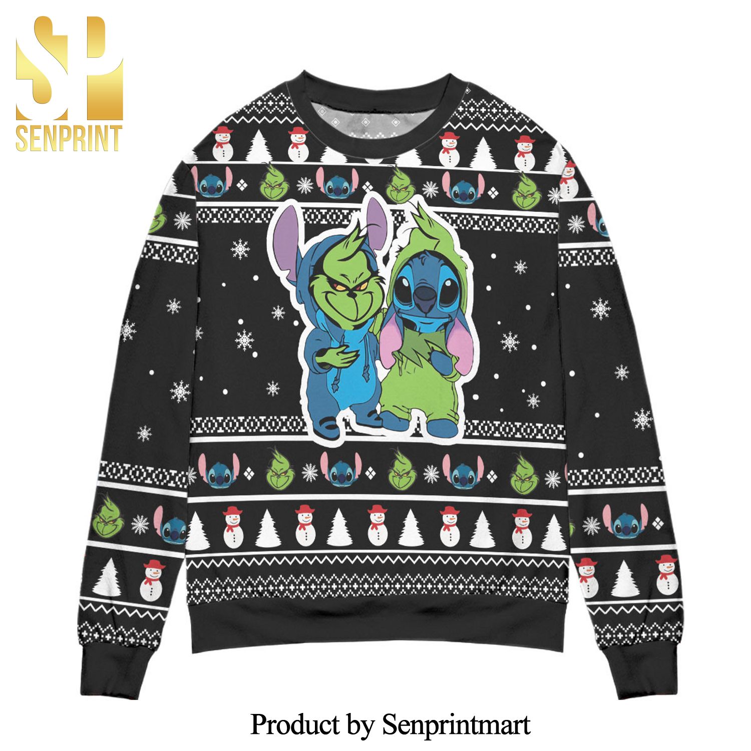 Baby Grinch And Stitch Snowman Pattern Claus Knitted Ugly Christmas Sweater – Black