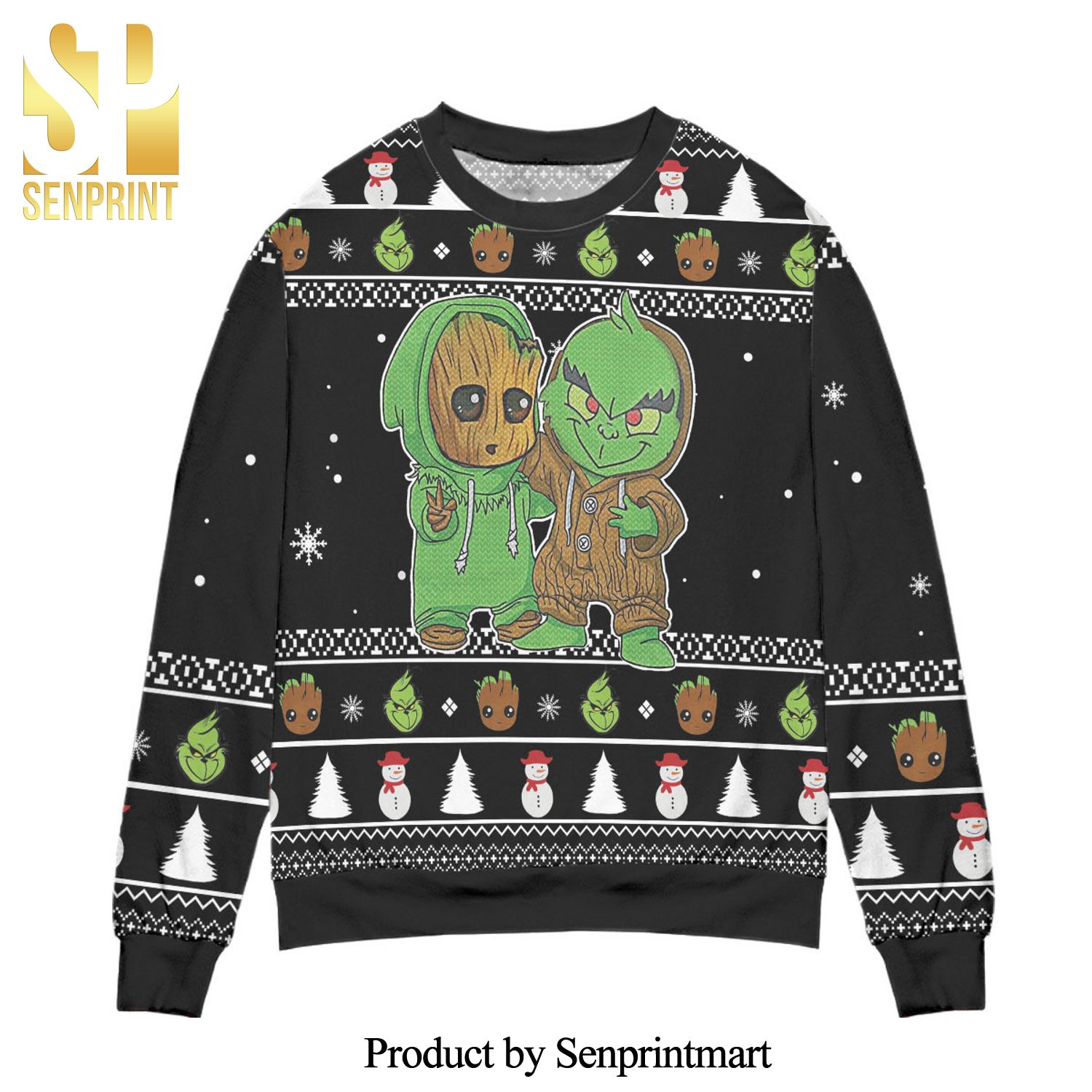 Baby Groot And Grinch Snowman Pattern Claus Knitted Ugly Christmas Sweater – Black
