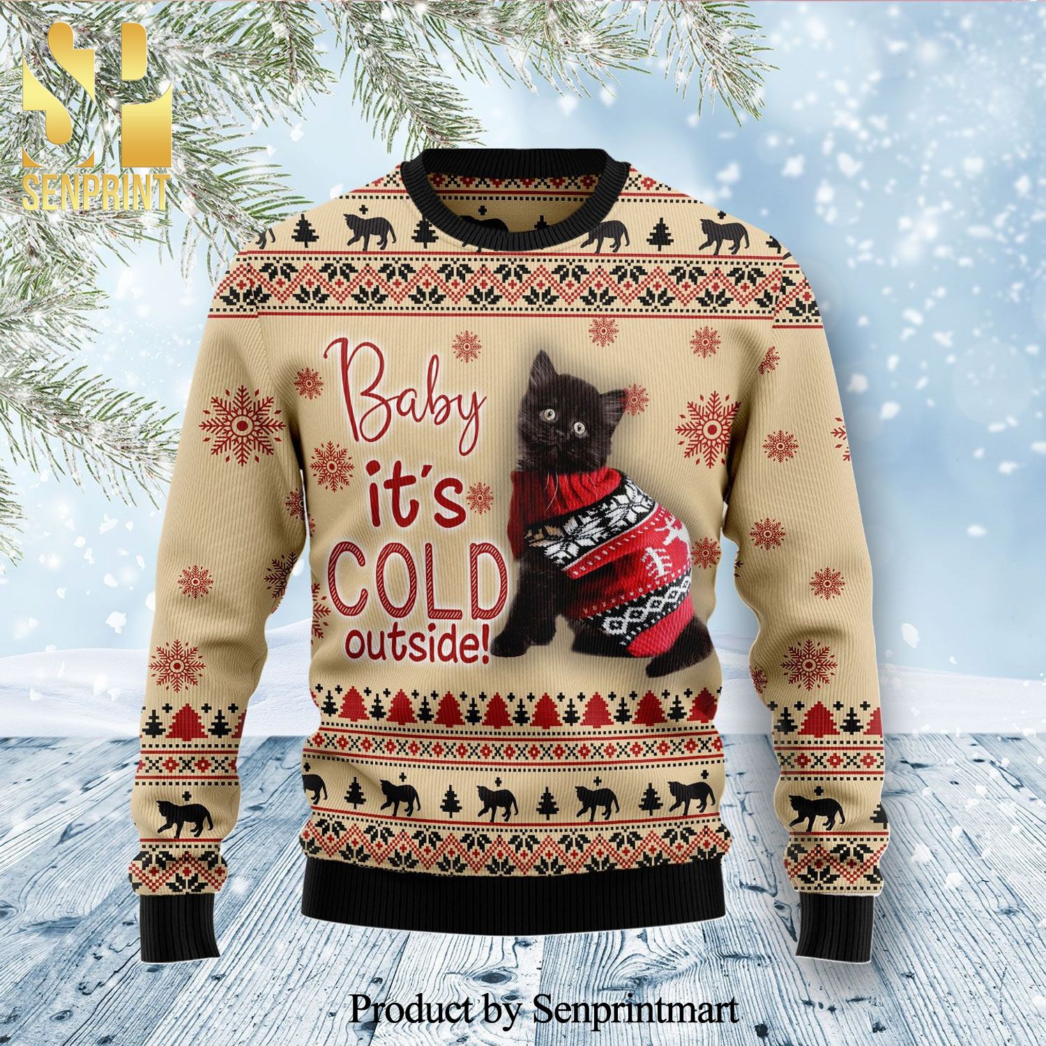 Baby It’S Cold Outside Black Cat Knitted Ugly Christmas Sweater