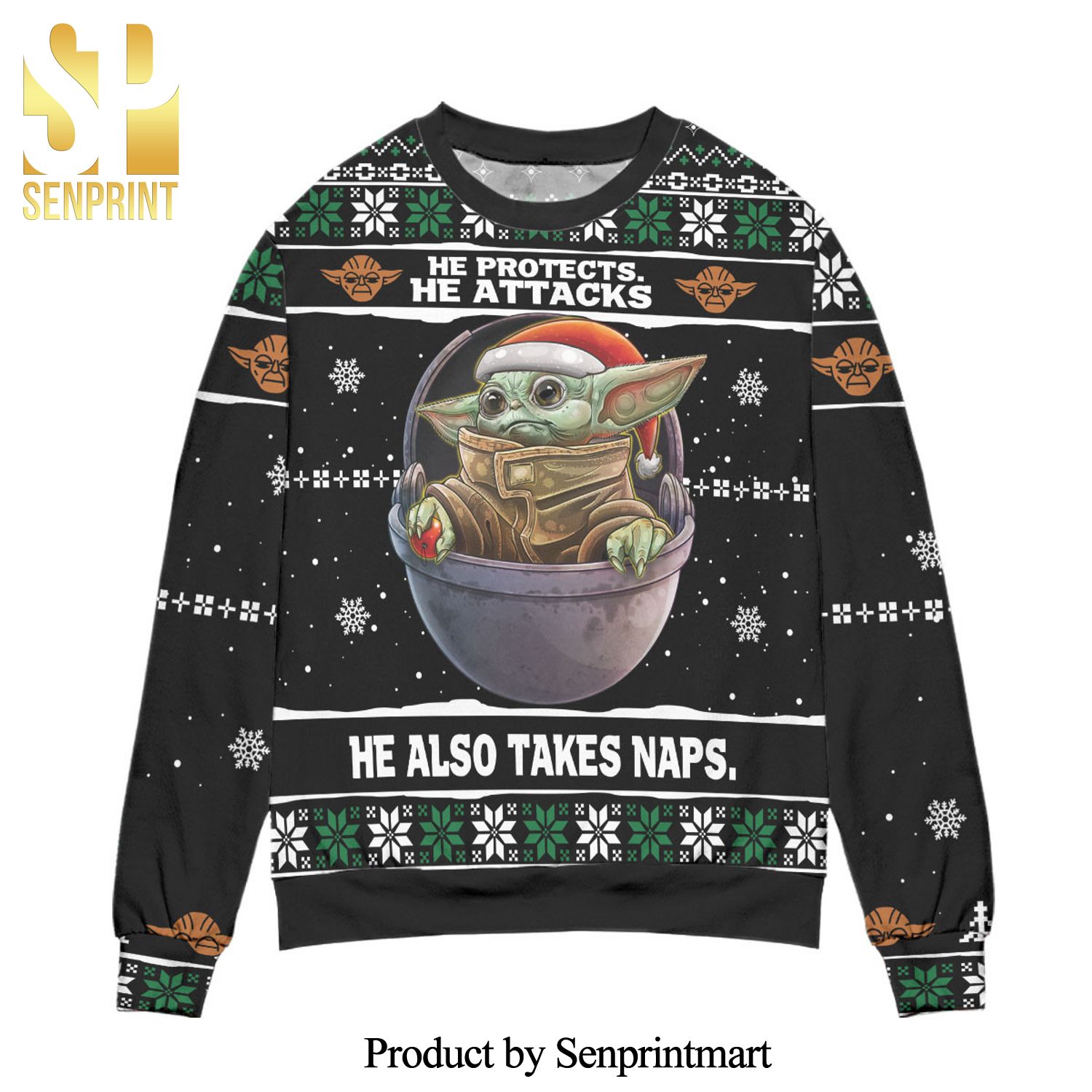 Baby Yoda He Protects He Attacks He Also Takes Naps Snowflake Pattern Knitted Ugly Christmas Sweater – Black