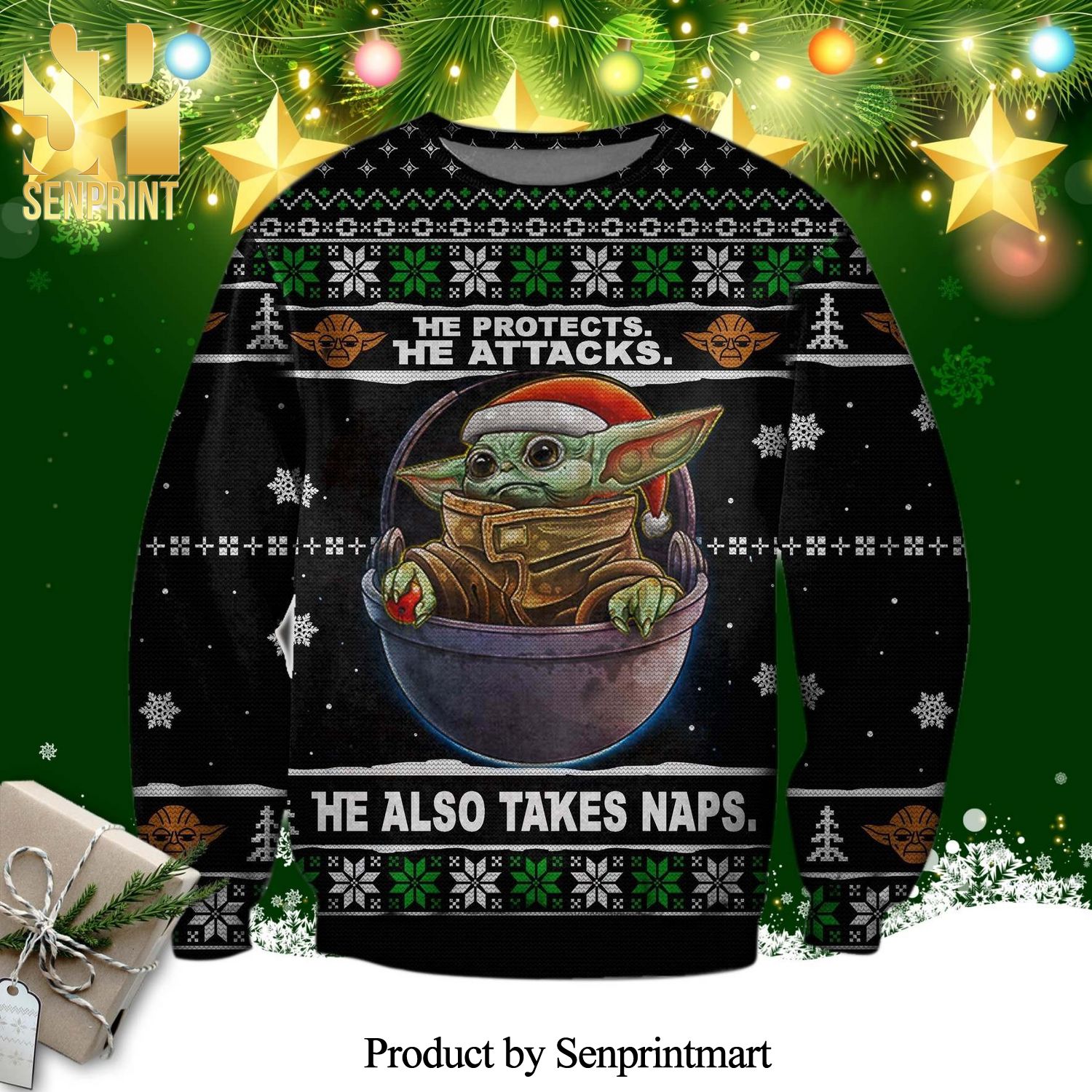 Baby Yoda Star Wars He Protects He Attacks Knitted Ugly Christmas Sweater
