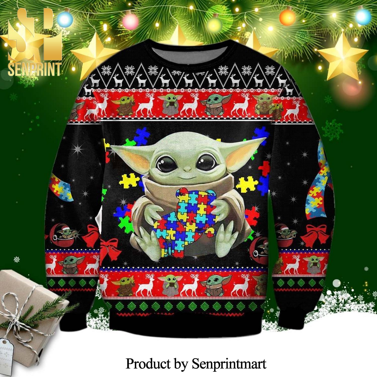 Baby Yoda With Puzzles Autism Knitted Ugly Christmas Sweater