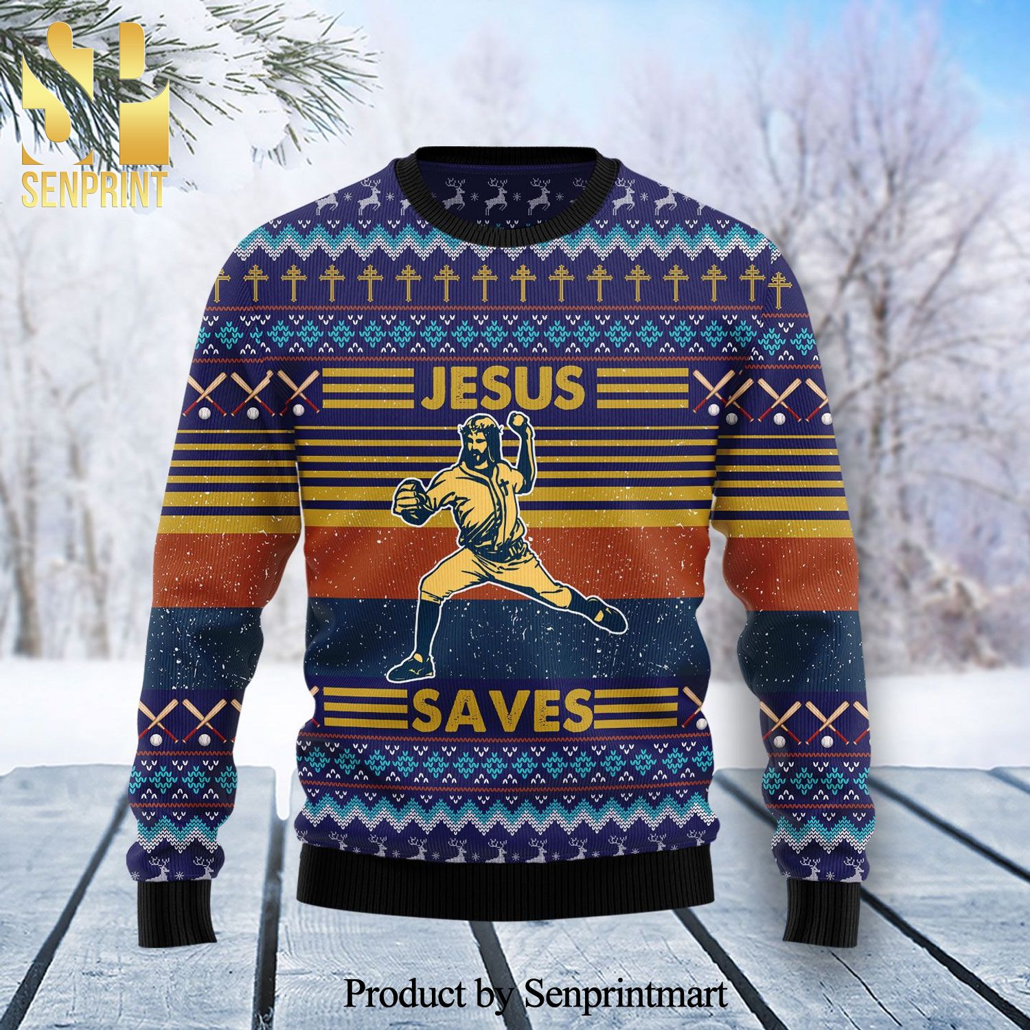 Baseball Jesus Saves Knitted Ugly Christmas Sweater