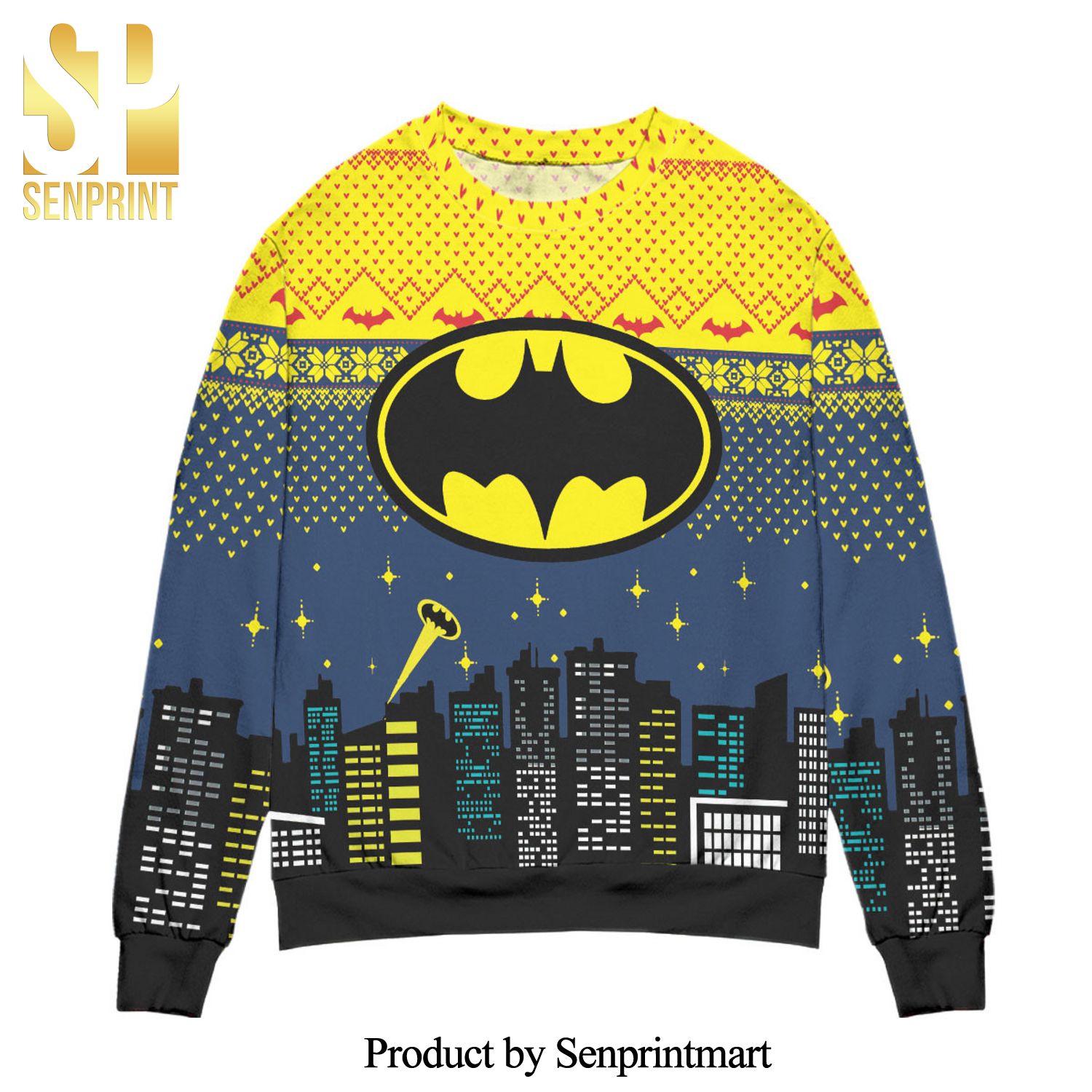 Batman Logo City Nights Knitted Ugly Christmas Sweater – Blue Yellow
