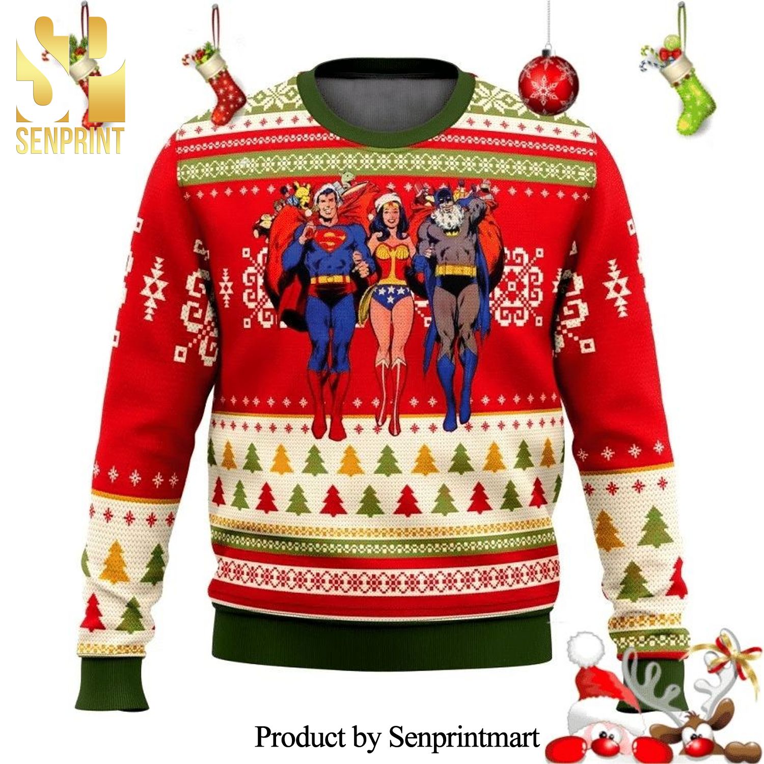 Batman Superman Wonder Woman DC Comics Knitted Ugly Christmas Sweater