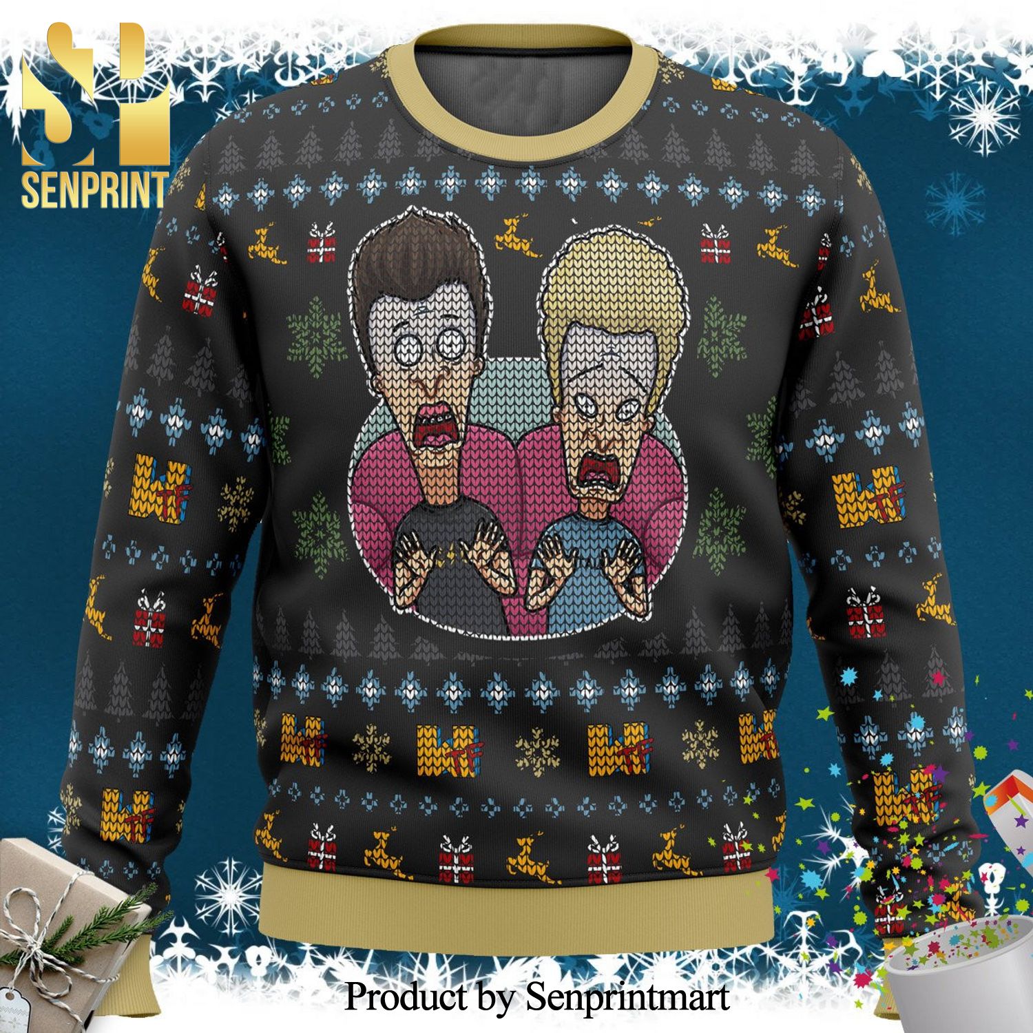 Beavis and Butthead Surprise Reaction Wool Knitted Ugly Christmas Sweater