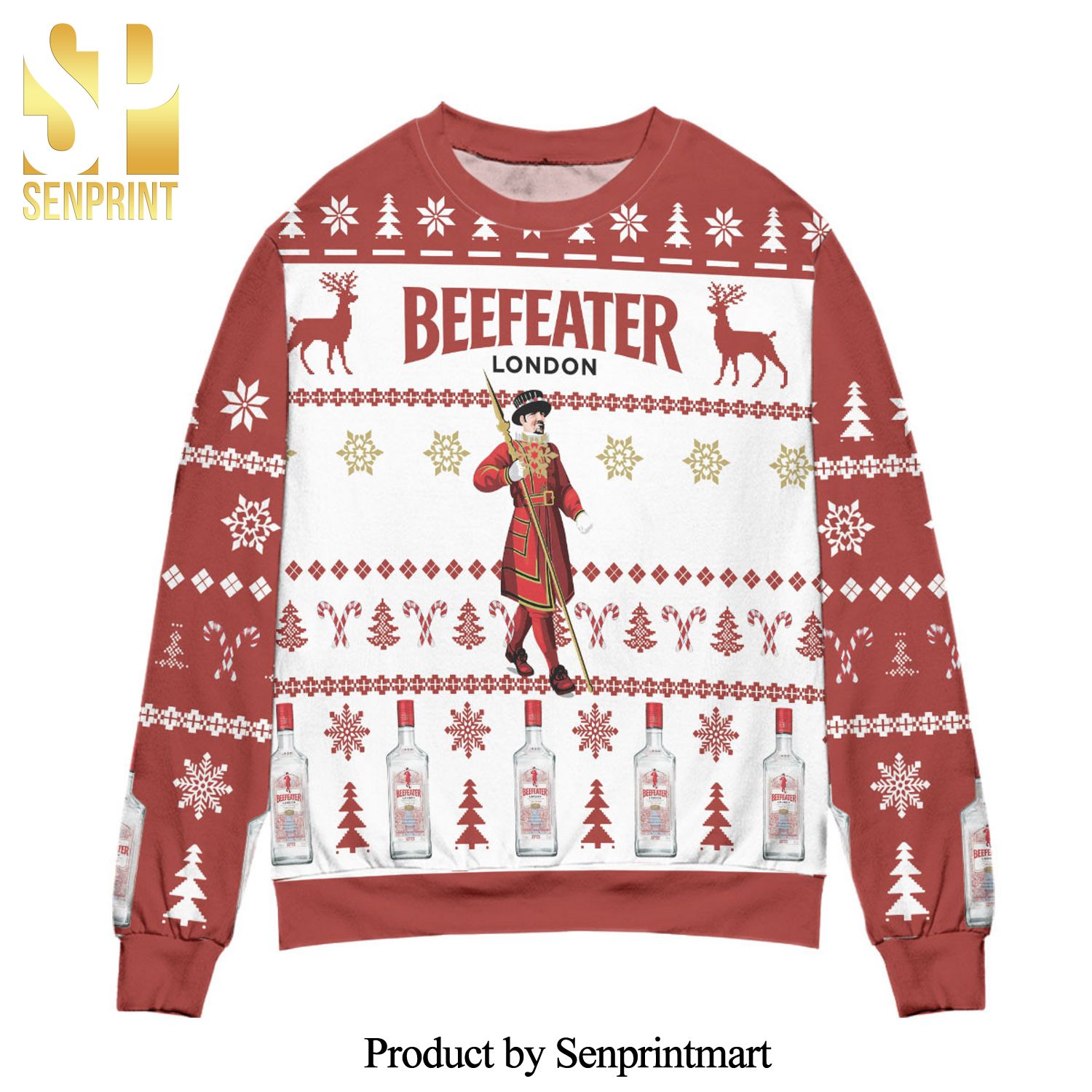 Beefeater London Dry Gin Reindeer And Snowflake Pattern Knitted Ugly Christmas Sweater – Red White
