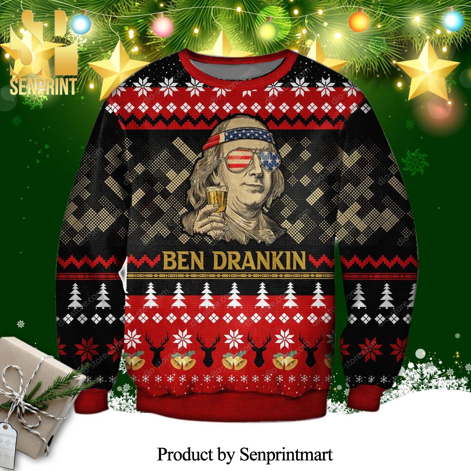 Ben Drankin 4th Of July Benjamin Franklin Poster Knitted Ugly Christmas Sweater