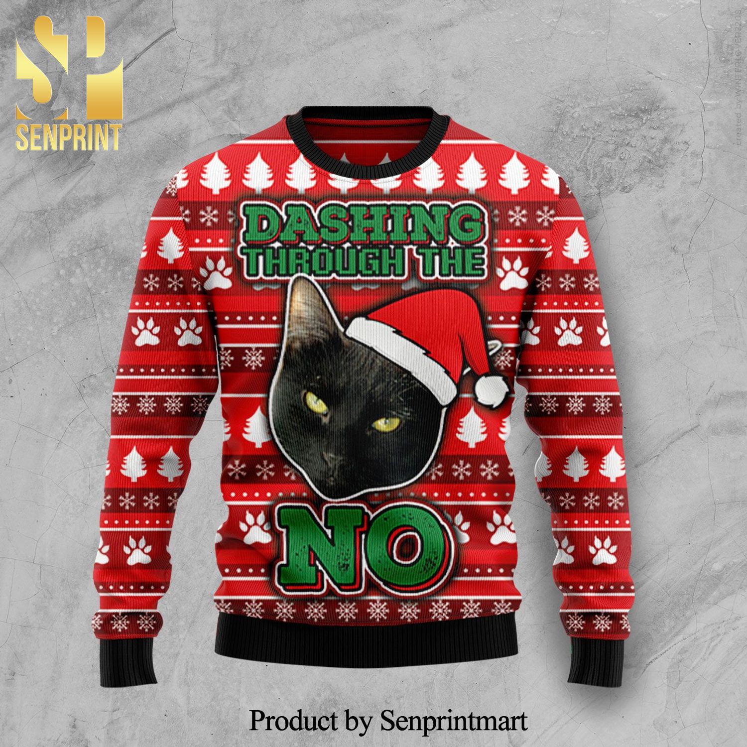 Black Cat Dashing Through The No Knitted Ugly Christmas Sweater