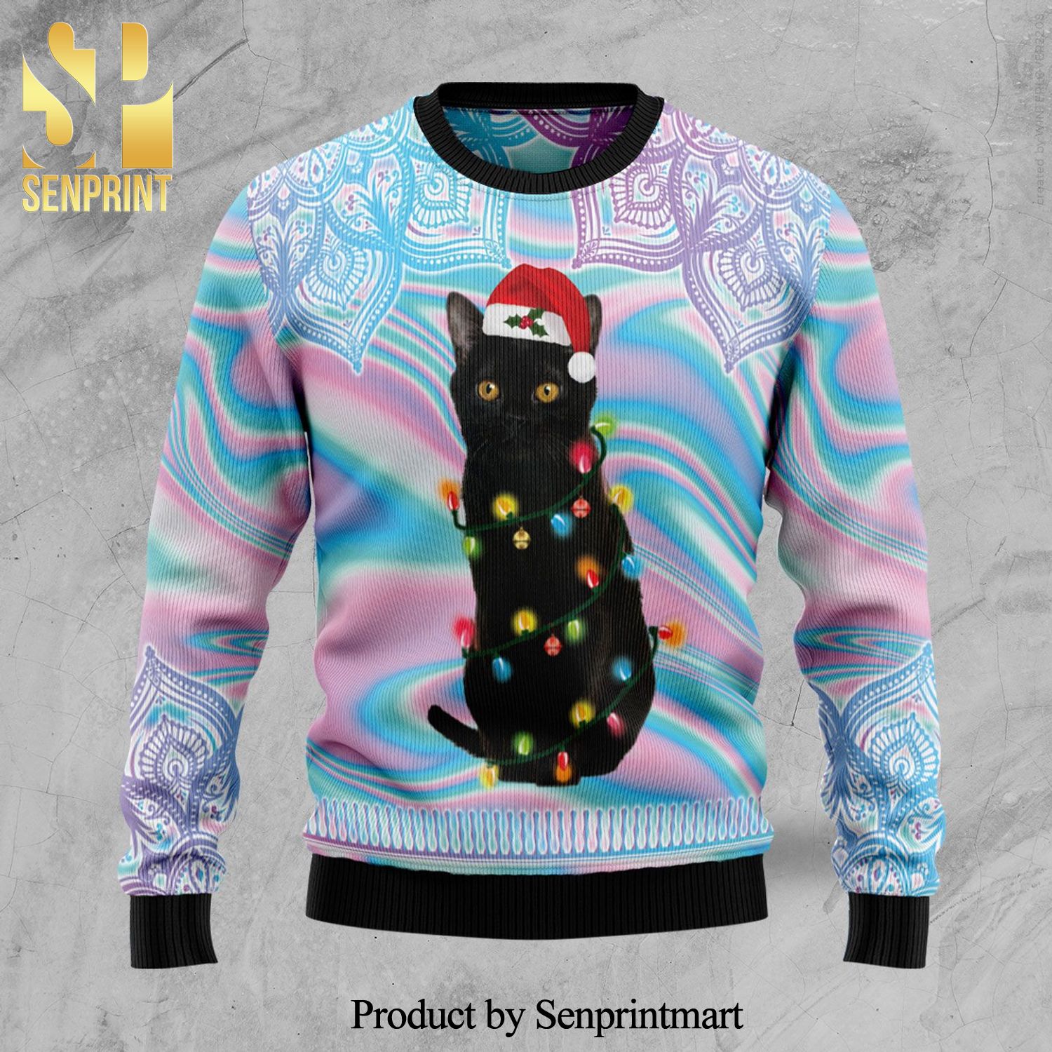 Black Cat Hologram And Mandala Pattern Knitted Ugly Christmas Sweater