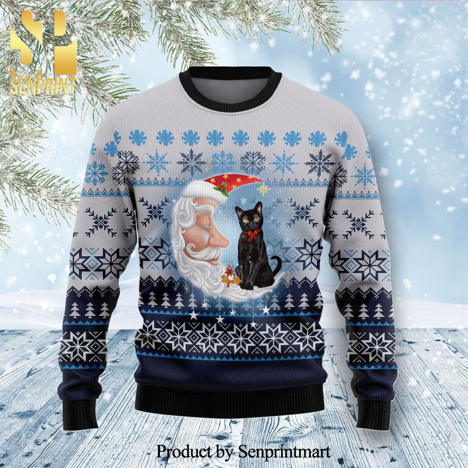 Black Cat Love Santa Moon Knitted Ugly Christmas Sweater