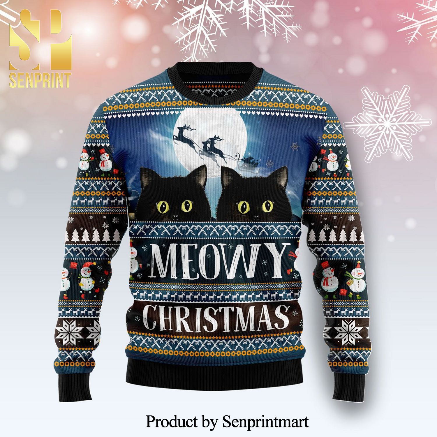 Black Cat Meowy Christmas Knitted Ugly Christmas Sweater