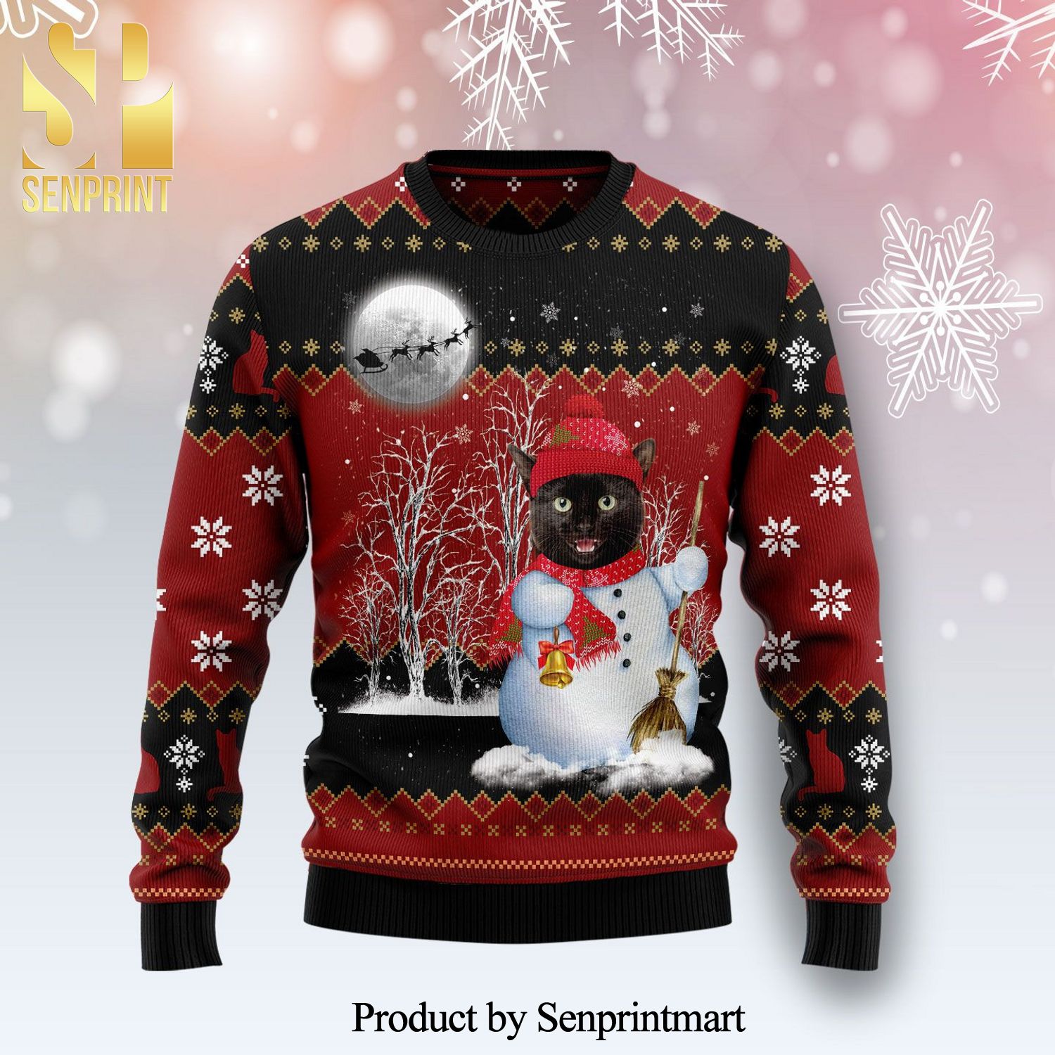 Black Cat Snowman Knitted Ugly Christmas Sweater