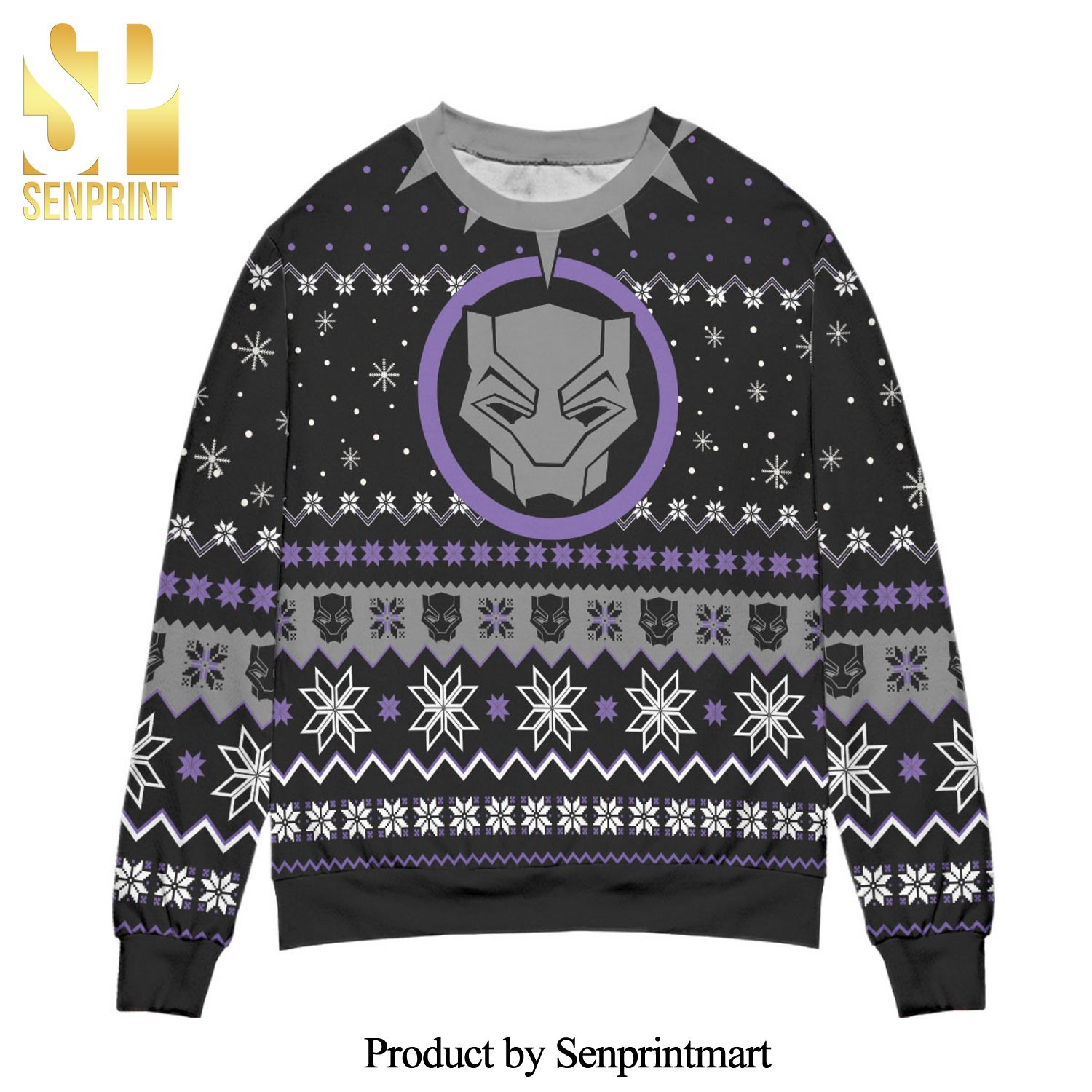 Black Panther Mask Wakanda Snowflake Pattern Knitted Ugly Christmas Sweater – Black