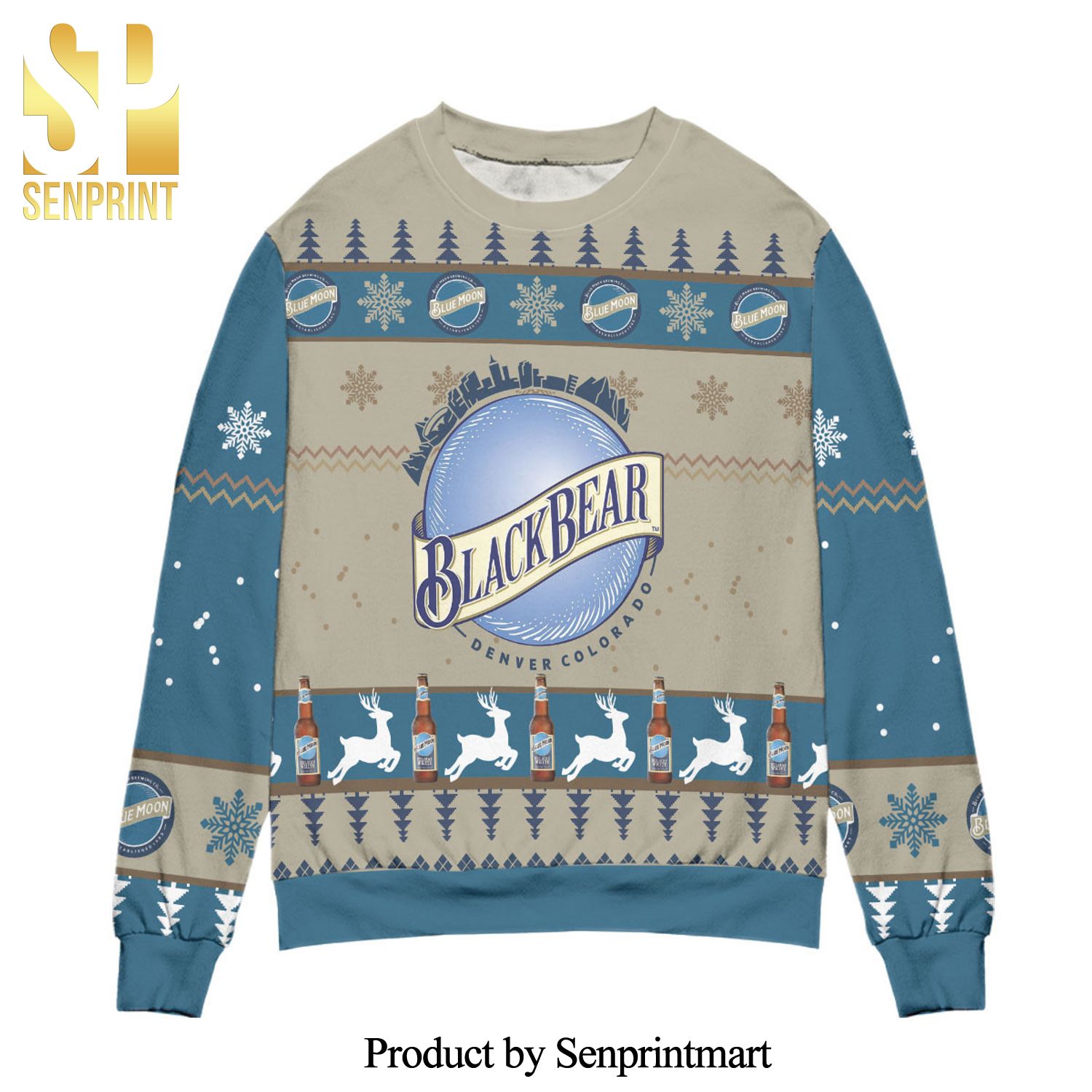 Blue Moon Brewery Reindeer And Snowflake Pattern Knitted Ugly Christmas Sweater – Blue