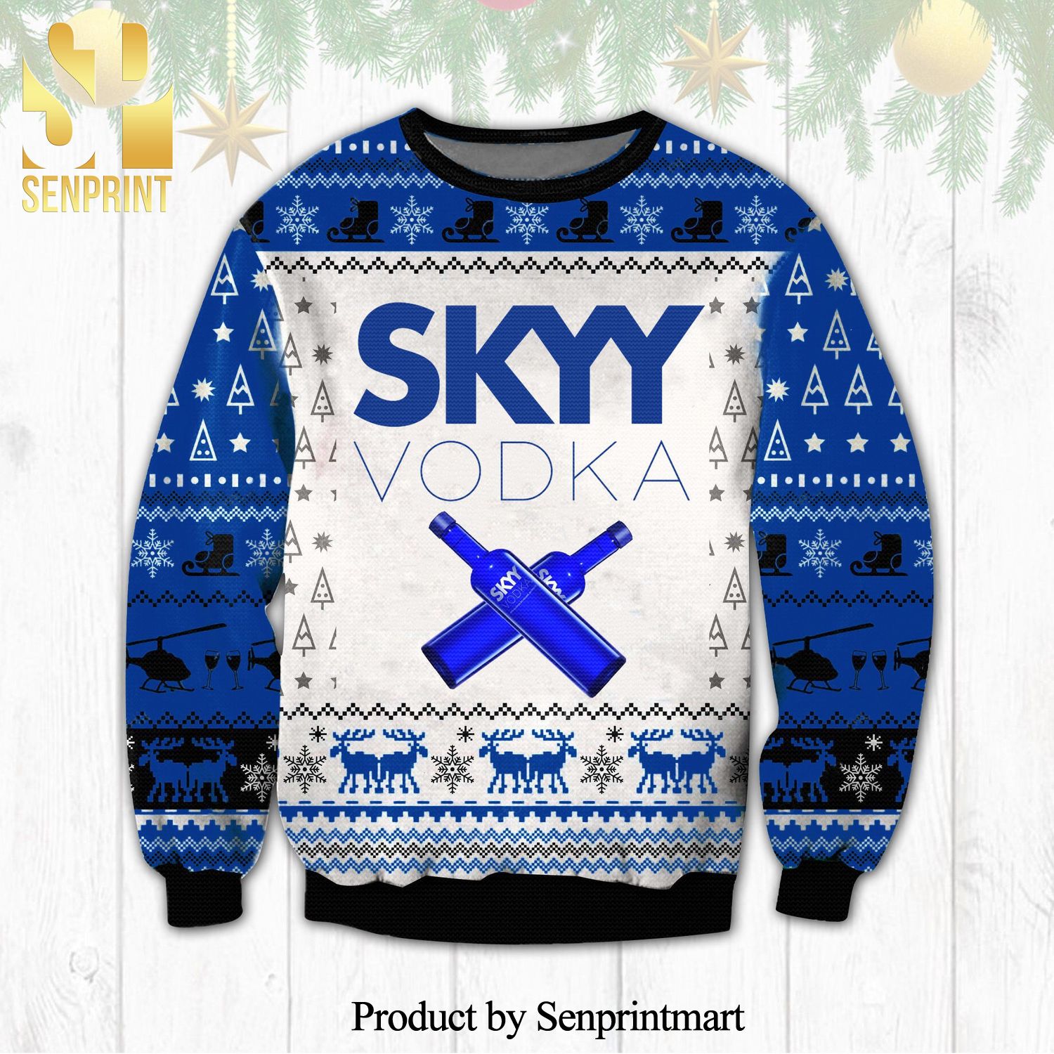Blue Skyy Vodka Logo Reindeer Knitted Ugly Christmas Sweater
