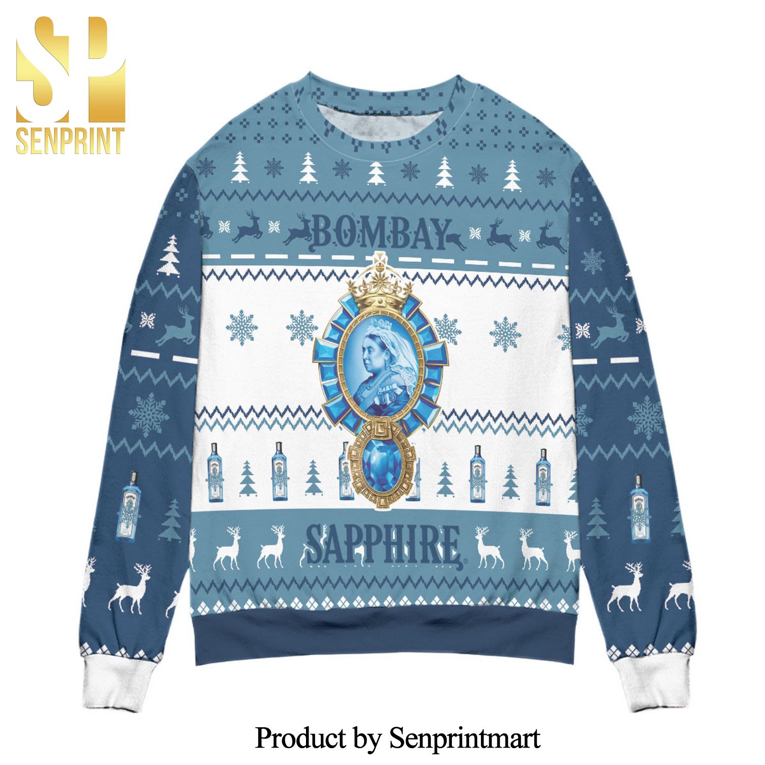 Bombay Sapphire Whisky Pine Tree Knitted Ugly Christmas Sweater – Blue