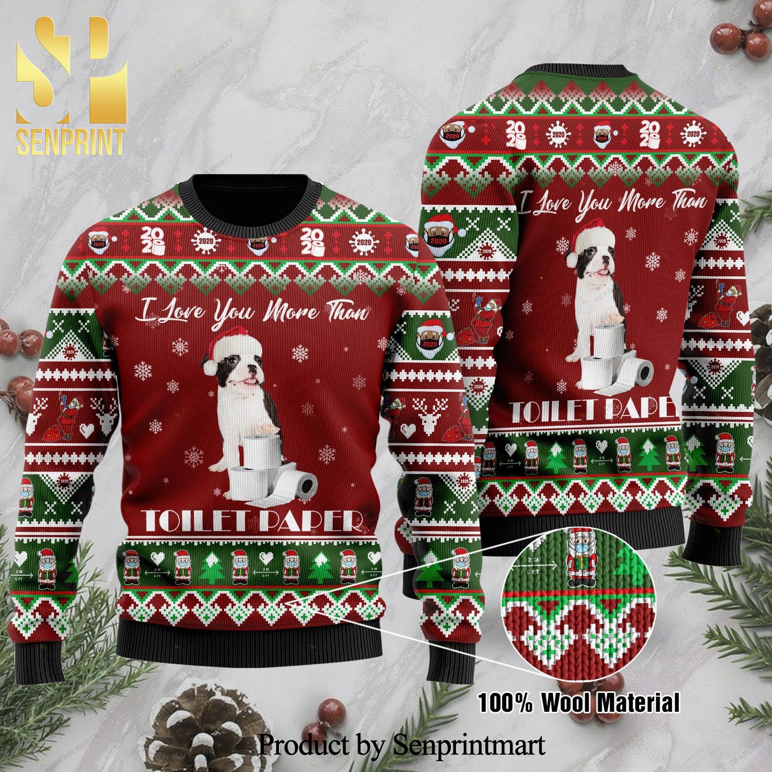 Boston Terrier I Love You More Than Toilet Paper Knitted Ugly Christmas Sweater