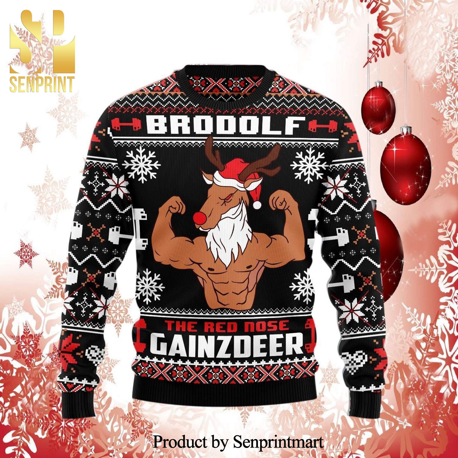 Brodolf The Red Nose Gainzdeer Gym Knitted Ugly Christmas Sweater