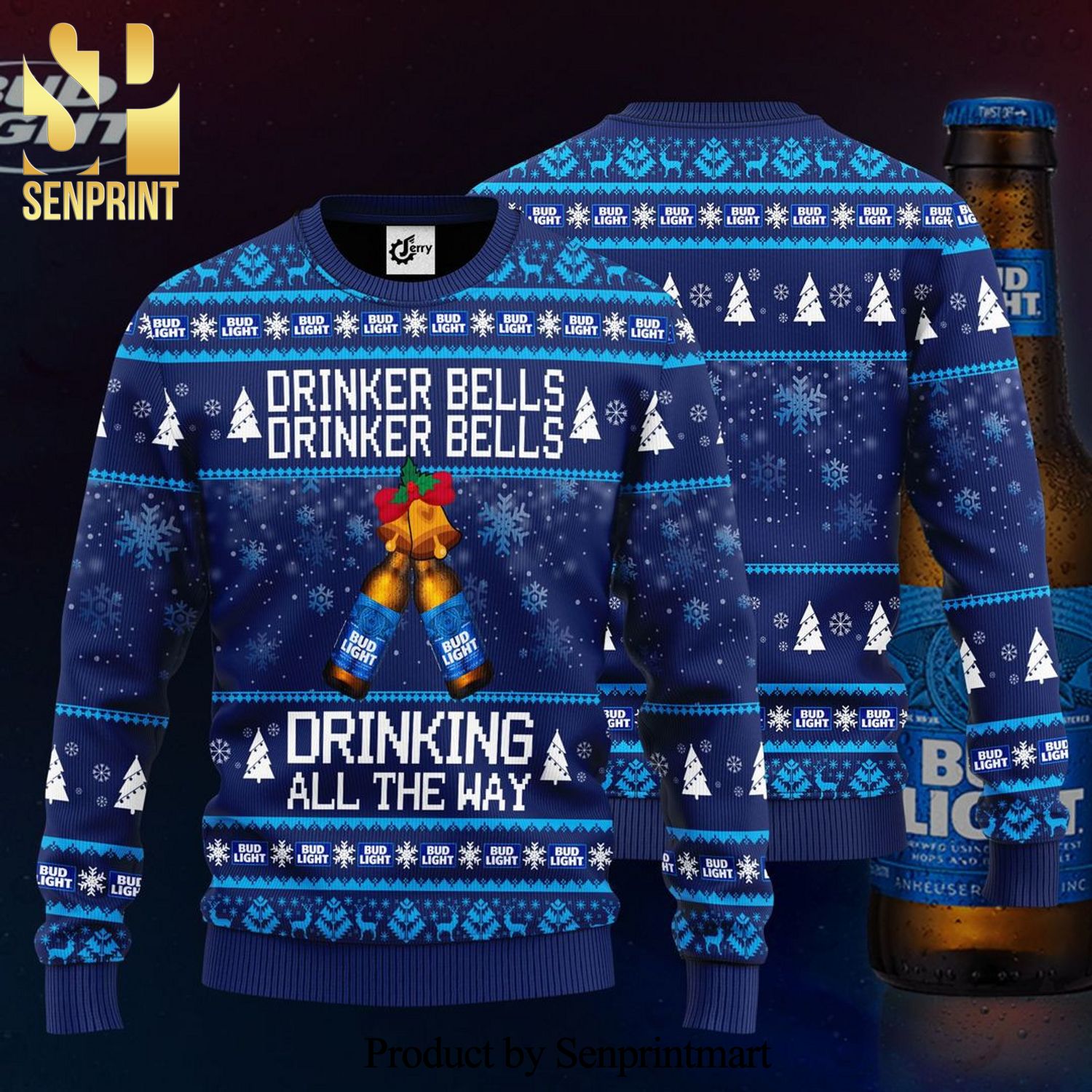 Bud Light Drinker Bells Drinker Bells Drinking All The Way Knitted Ugly Christmas Sweater