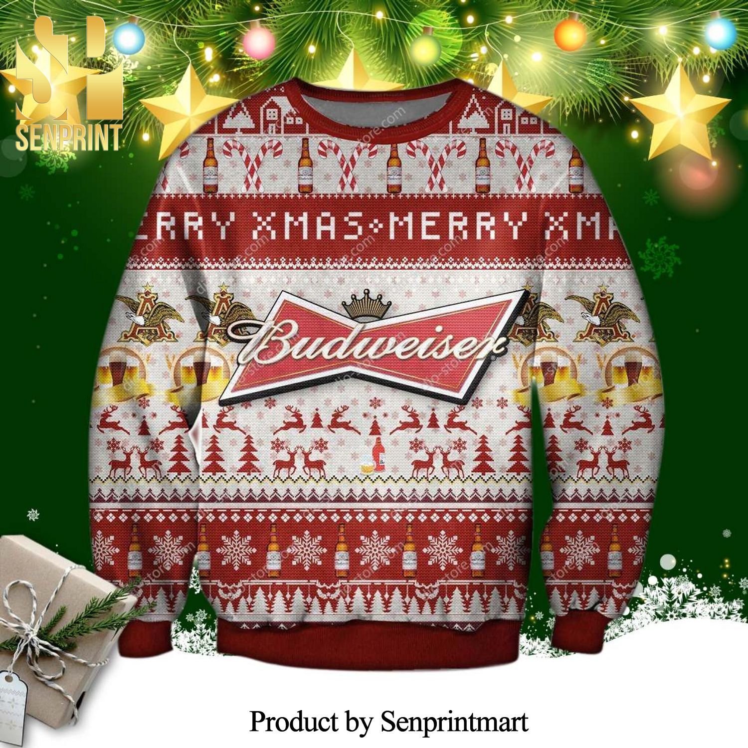 Budweiser Beer Merry Xmas Knitted Ugly Christmas Sweater